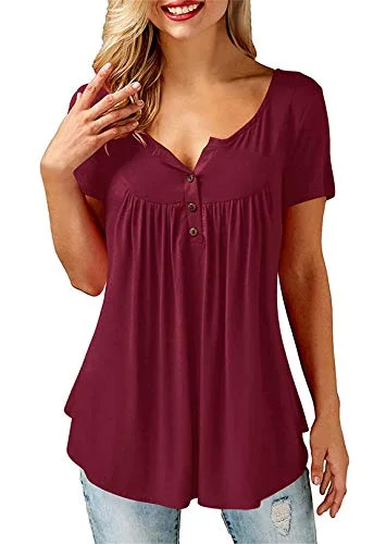 Amoretu T-Shirt Damen V-Ausschnitt Knopfleiste Bluse Solide Tunika Langarm/Kurzarm Tops