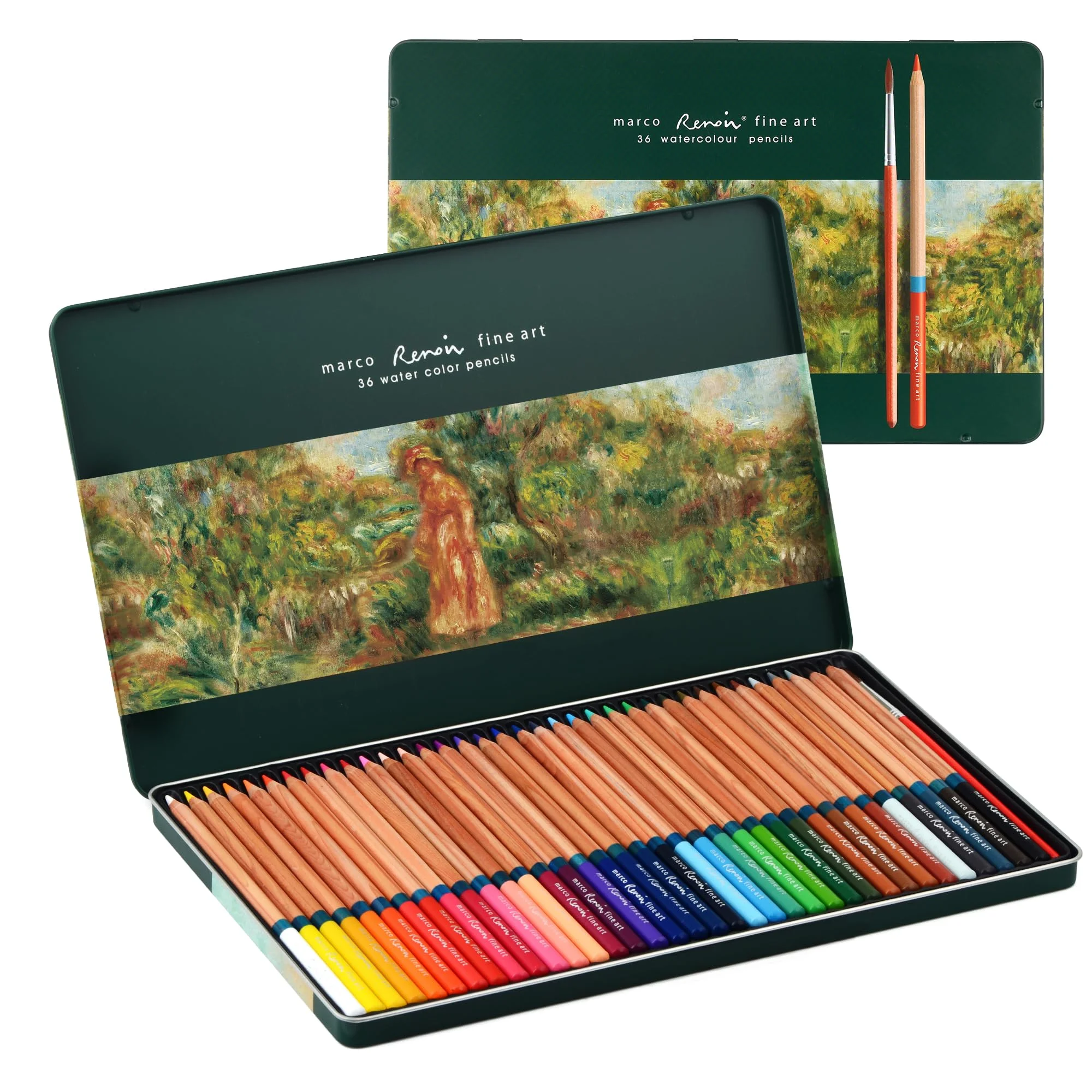 MARCO 3120 Serie 36-Farben hochwertige wasserlösliche Farbstifte mit Pinsel, in Eisendose - Ideal für Kunstschüler & Profis