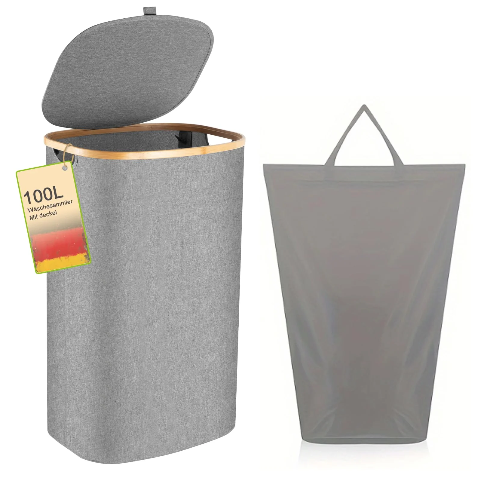 Wäschekorb -100L Waschbarer und hygienischer Groß Wäschesammler schmal mit herausnehmbarem Wäschesack-Wäschekorb mit Deckel & Bambusrand - Wäscheboxen - waschkorb (Grau)