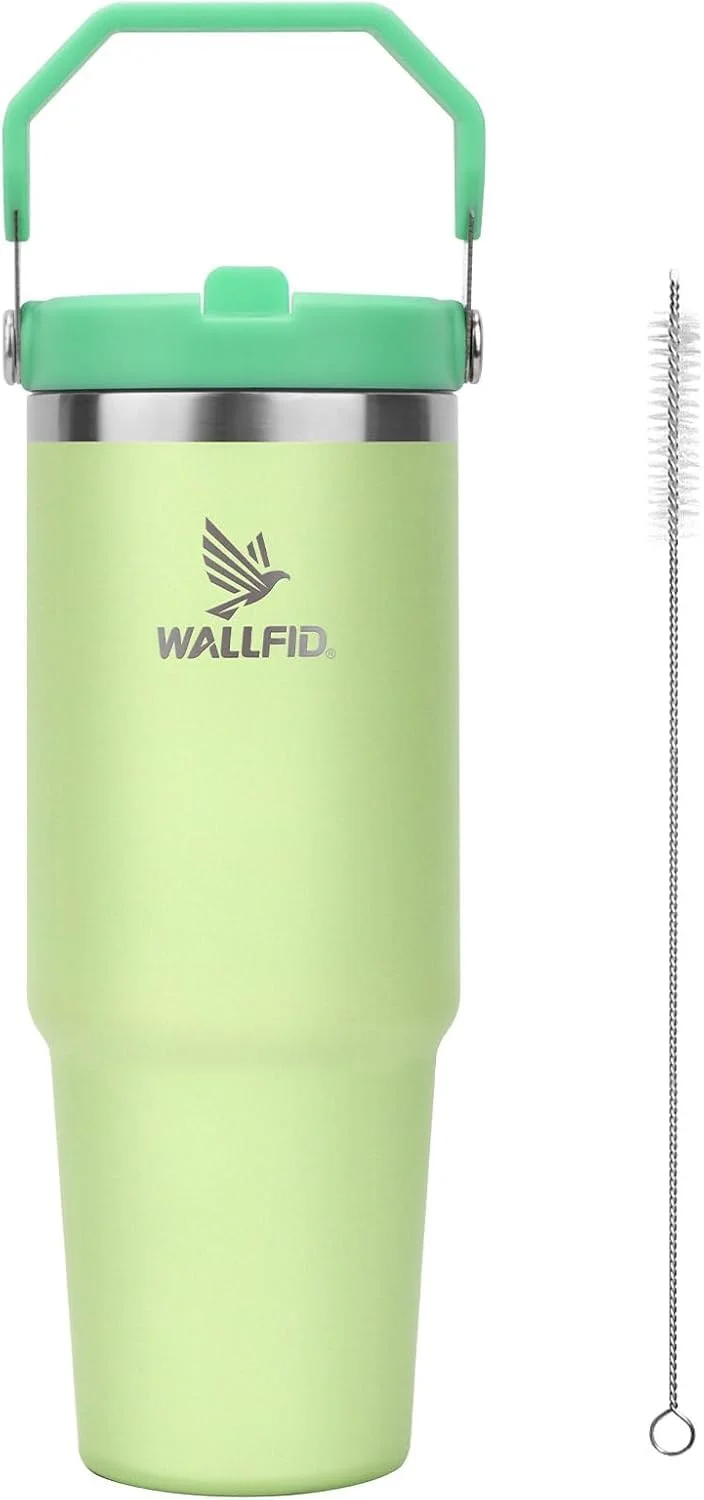 WALLFID 30oz Thermobecher Geschirrspüler Safe, Flip Stroh Wasserflasche mit Stroh und Stroh Bürste, Edelstahl Wasser Cup Reise Becher BPA-frei (Grass Green)