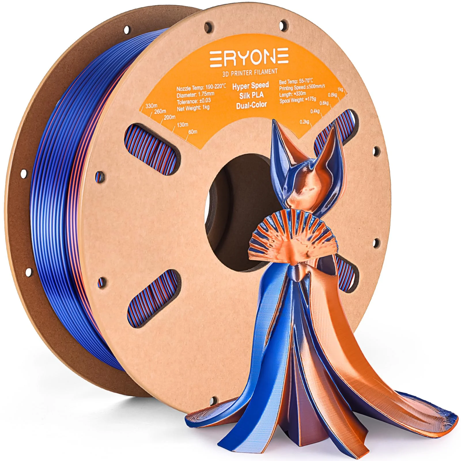 ERYONE High Speed Filament Silk Dual 1.75mm +/- 0.03mm, Filament PLA, Rapid PLA Filament, 3D printing filament,30-500mm/s Hyper Speed PLA filament, 1kg (2.2LBS) / Spool, Orange und Blau