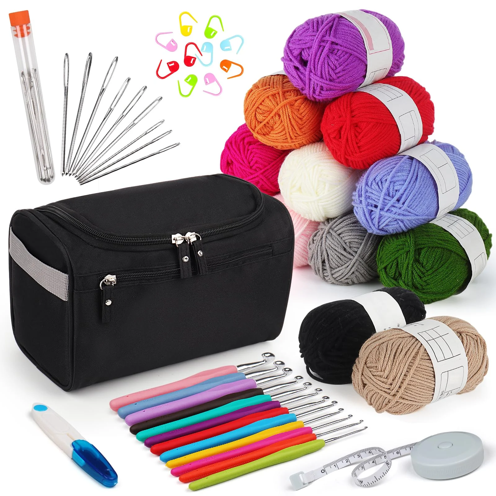 Aeelike Häkelset für Anfänger mit Häkelgarn, Nützliches Starter Häkeln für Anfänger, 2,0-8,0 mm Ergonomische Weicher Griff Häkelnadeln Set, Schwarze Häkeltasche, Häkelzubehör