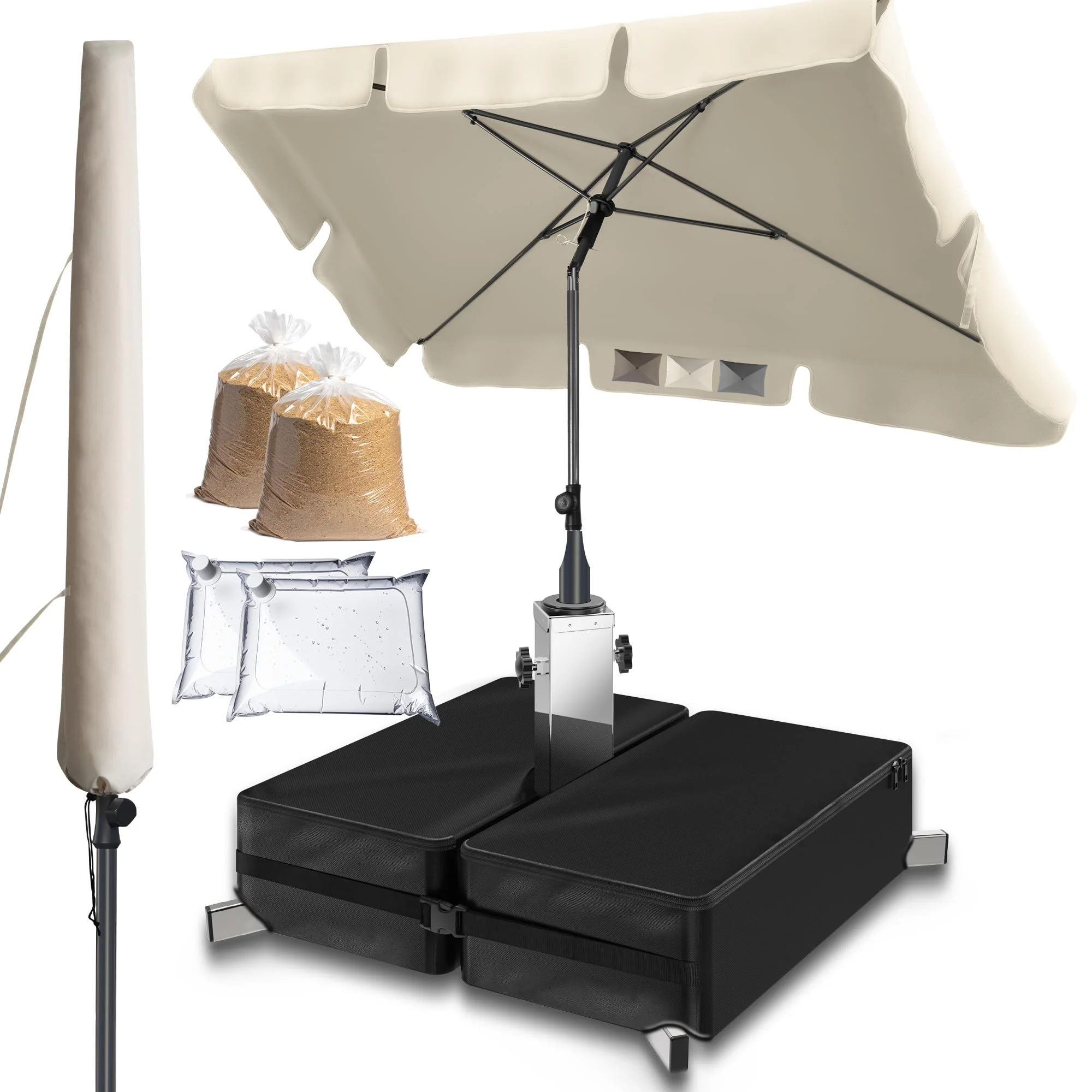 Menz 3-IN-1 Sonnenschutz Balkon Set - Sonnenschirm rechteckig 200 x 125 cm + Sonnenschirmständer + Schirmhülle - Sonnenschirm Balkon mit Ständer, Balkonschirm