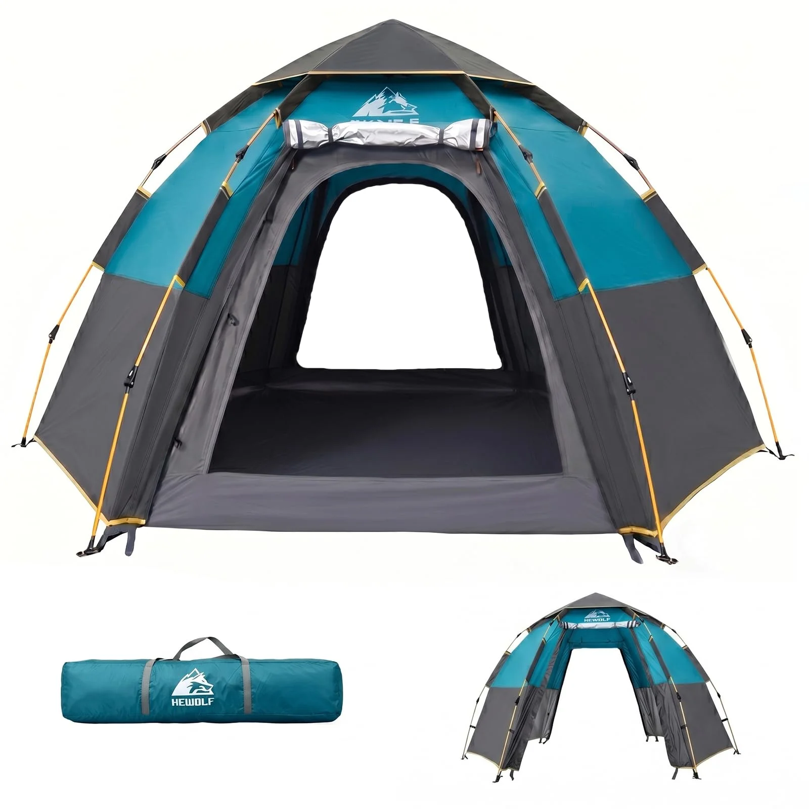 Hewolf Camping Zelt - Zelt 2/3/4 Personen Wasserdicht mit Vorzelt Familienzelt Einfache Einrichtung Campingzelt Biwakzelt Tent, 2-4 Mann Sechseckigeszelt Pop Up Wurfzelt