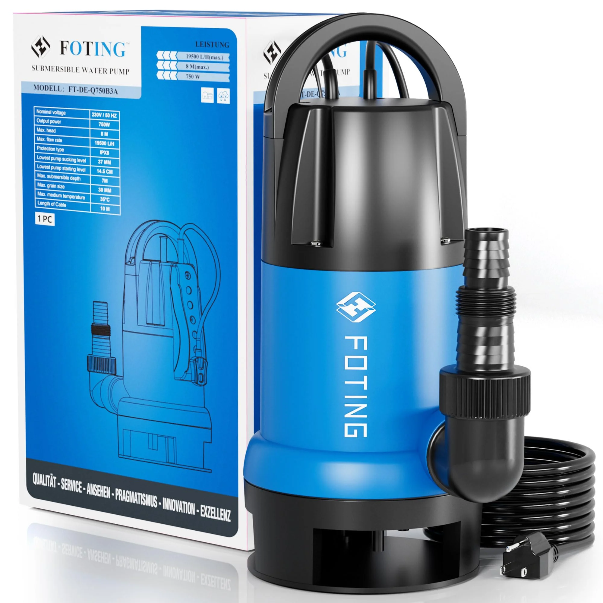 FOTING Schmutzwassertauchpumpe 750 W, 19.500 l/h, Förderhöhe bis 8 m, Eintauchtiefe bis 7 m, mit einstellbarem Schwimmerschalter, für Pool, Keller und Entwässerung