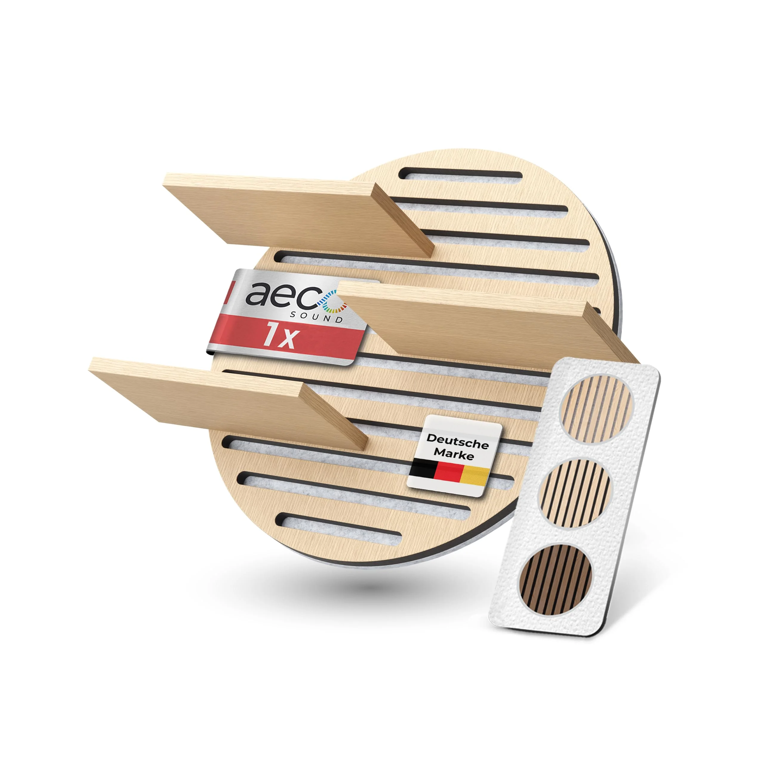 Aeco Sound® Akustikpaneele Holz Wandregal – Echtholz Eiche & Akustikfilz Grau | rund 70x60cm – Regal & Schalldämmung