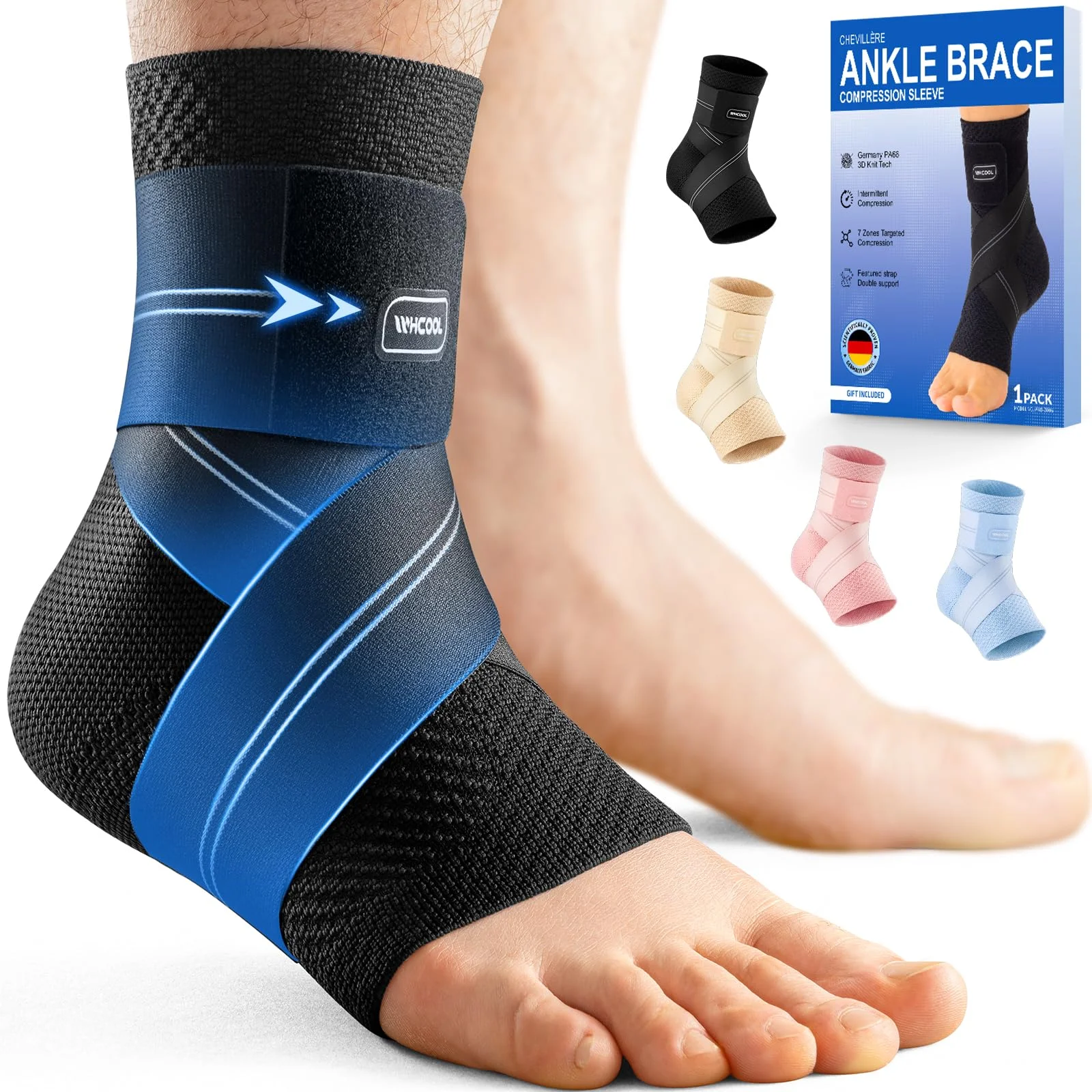 WHCOOL Flache Strick Knöchelstütze für Damen & Herren, 7-Zonen-Dynamische Kompressionsmanschette mit Flex-Gurt, Fußstütze für Sport, Verstauchte Knöchel, Achillessehnenentzündung，S, Schwarz