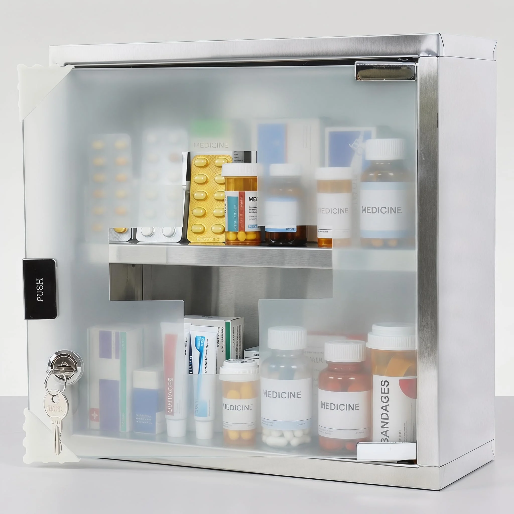 Suusolny Medizinschrank Apothekerschrank mit Glastür, abschließbar inklusive 2 Schlüssel, Hängender Arzneischrank aus Edelstahl, 2 Fächer Gesamthöhe 30 cm