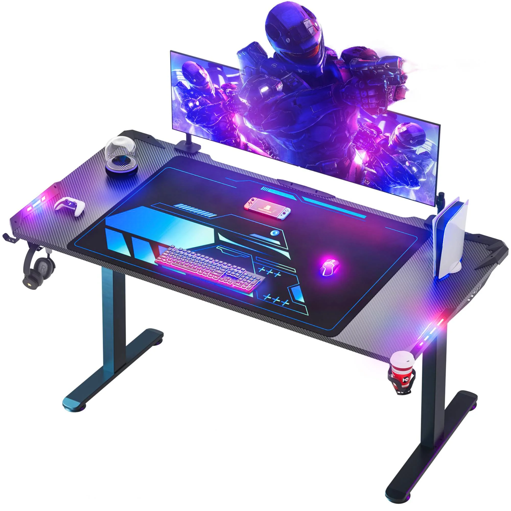 Himimi 180x70 cm Gaming Tisch, Gaming Schreibtisch mit LED, PC Tisch Gaming mit Kohlefaseroberfläche, Gamer Tisch mit Kabelaufbewahrungsbox, Getränkehalter und Kopfhörerhaken, Schwarz