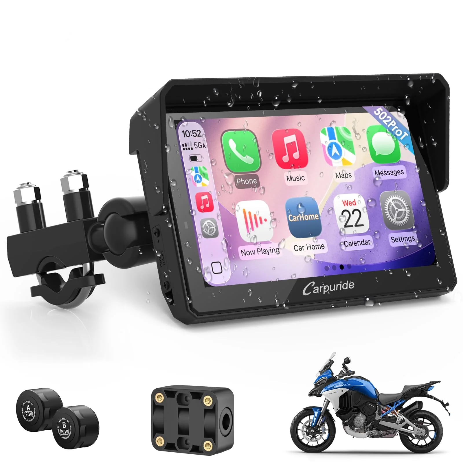 Carpuride W502TPRO Motorrad CarPlay, Android Auto, TPMS und Dual-Bluetooth – 5-Zoll-Display, wasserdicht, mit GPS-Navigation, Gegensprechanlage, Equalizer, Lichtsensor, Kompass und Barometer