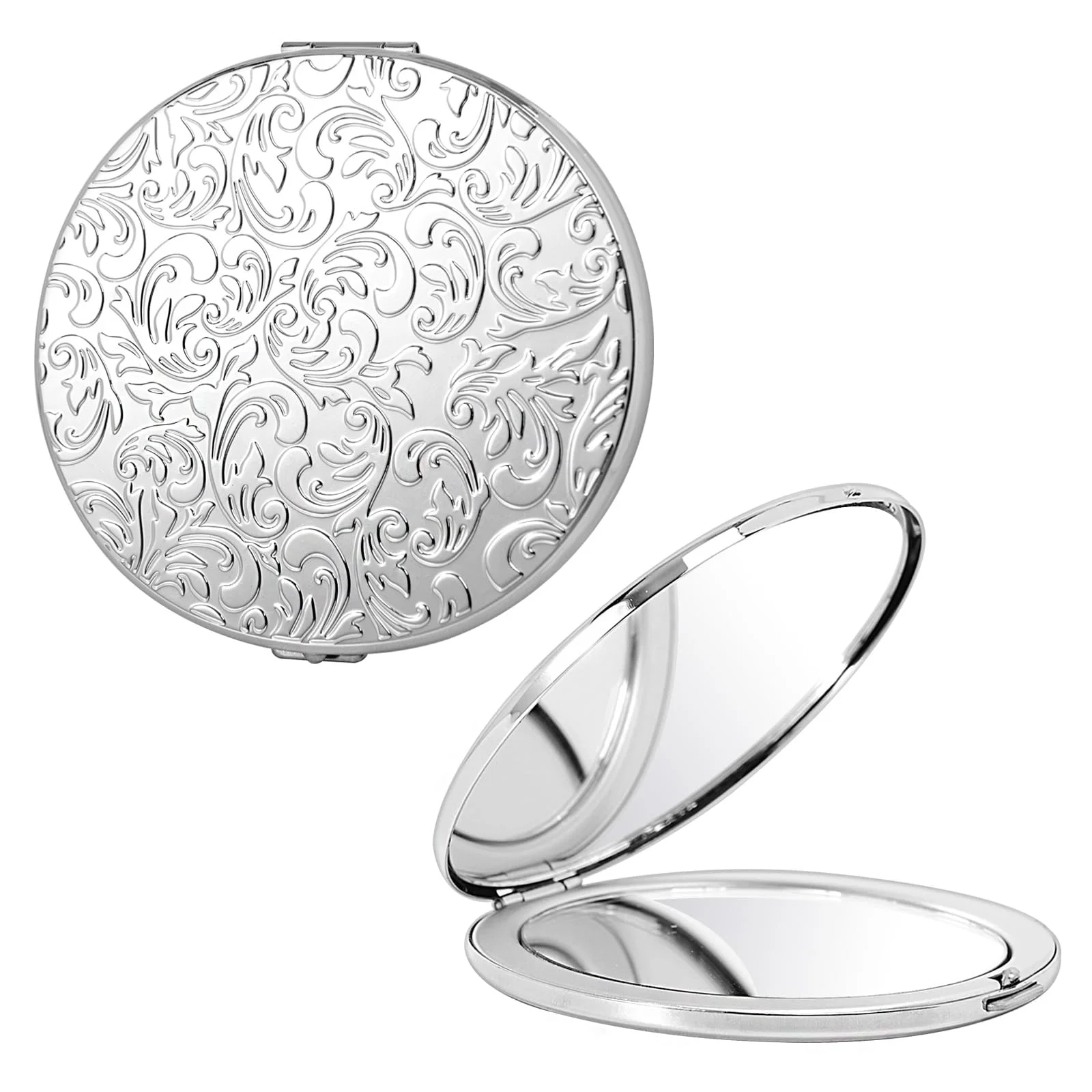 EYIWEITING Ovaler Mini-Metall-Klappspiegel, praktisch, kompakt, schön, robust und langlebig, 1X/2X Lupe. (Oval Muster Silber)