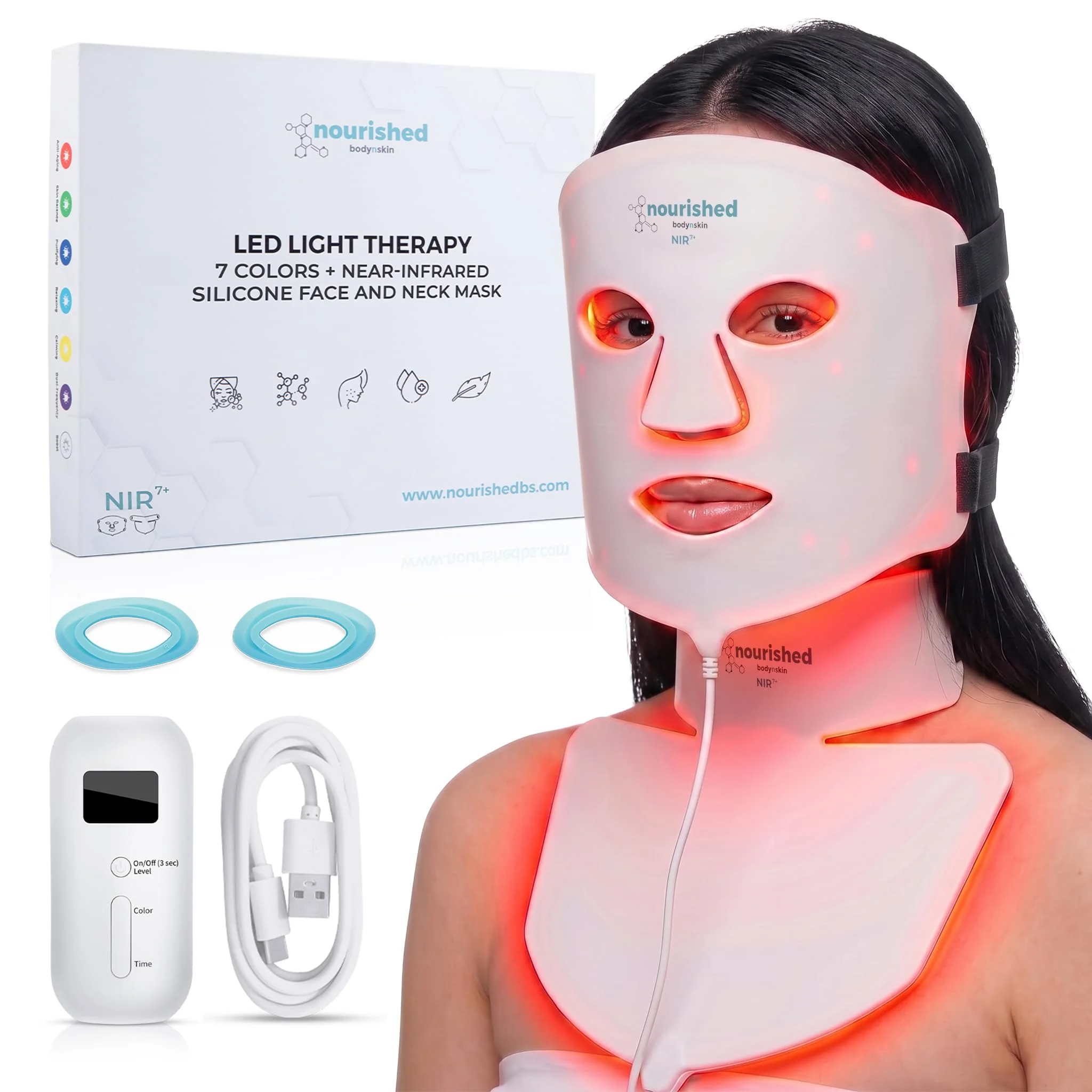 Nourished Bodynskin 7 Farben LED-Gesichts- und Nackenmaske mit Nahinfrarot - Blaues, rotes Lichttherapiegerät für das Gesicht - 912 LEDs - Hautpflege-Werkzeug gegen die Hautalterung