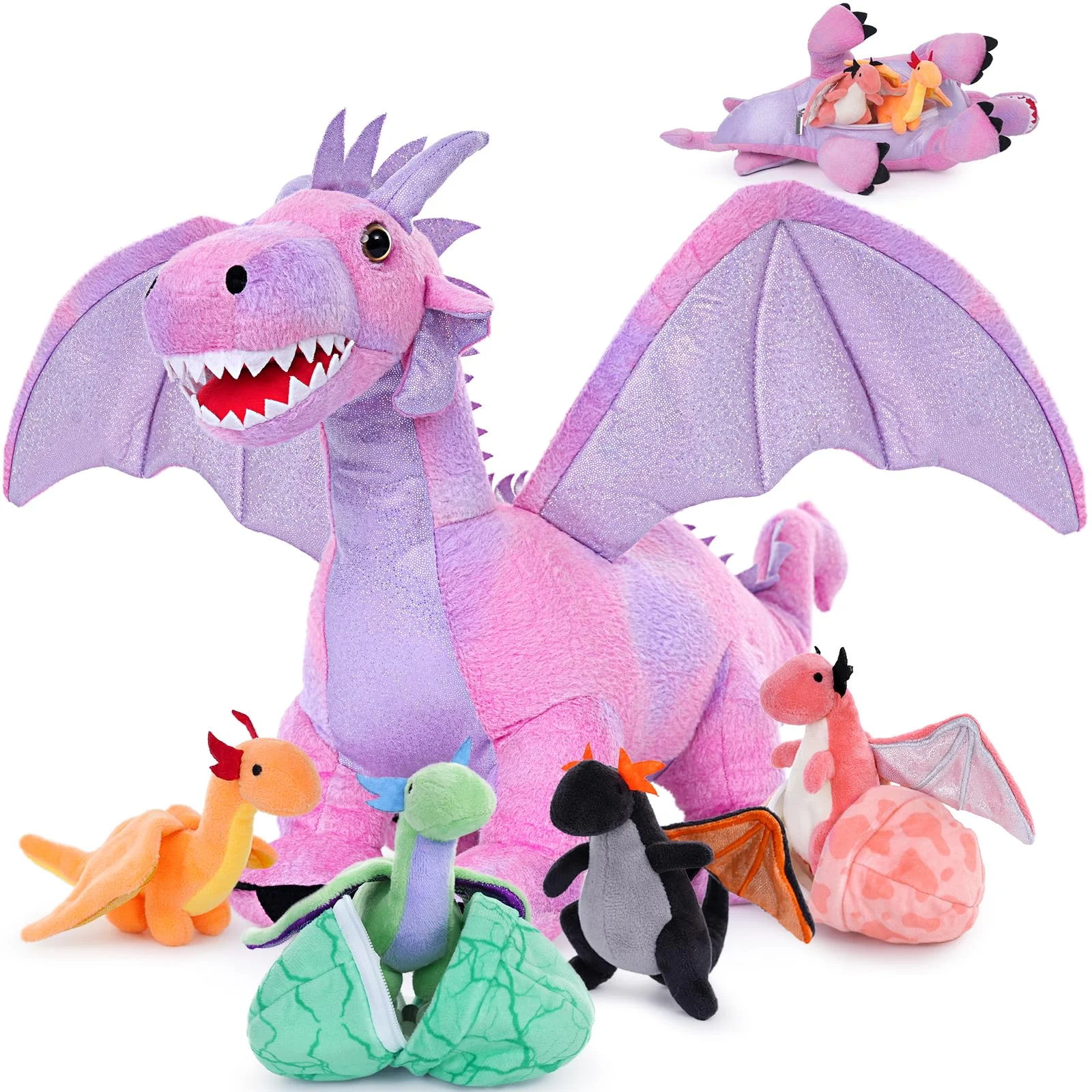 MorisMos 55cm Drache Kuscheltier XXL mit Baby im Bauch, Rosa Groß Plüschdrache Stofftier,Plüschtier Dragor Dragon Teddys Geschenk für Jungen