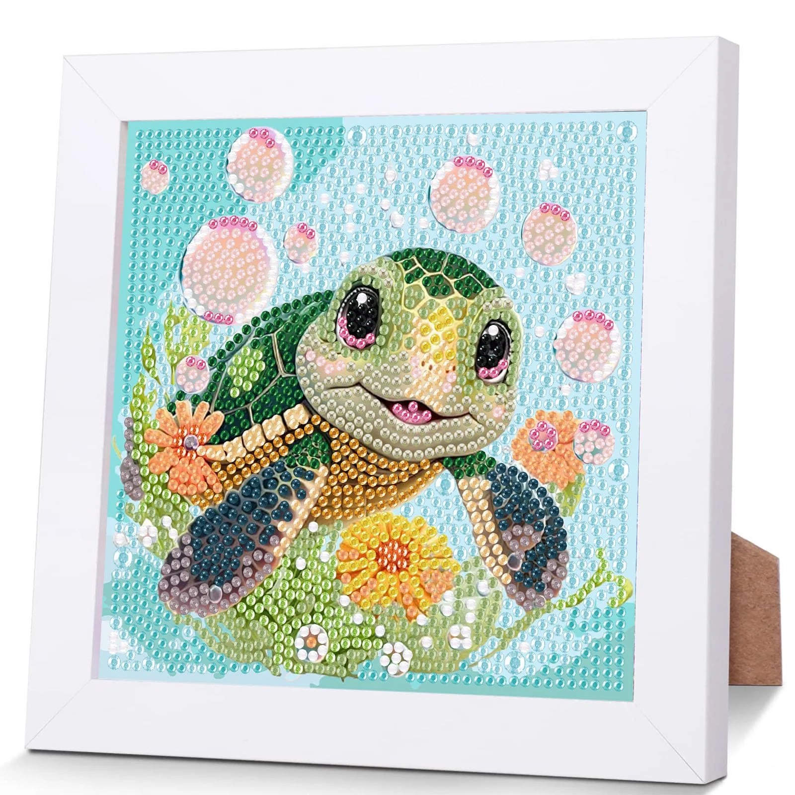 Pujeknm Schildkröten Diamond Painting Kinder Mit Holzrahmen,Set Full Diamant Painting Bilder Kinder Tiere,5D Diamond Painting Mädchen,DIY Mosaikherstellung Arts Craft für Home Wand Decor 18x18cm