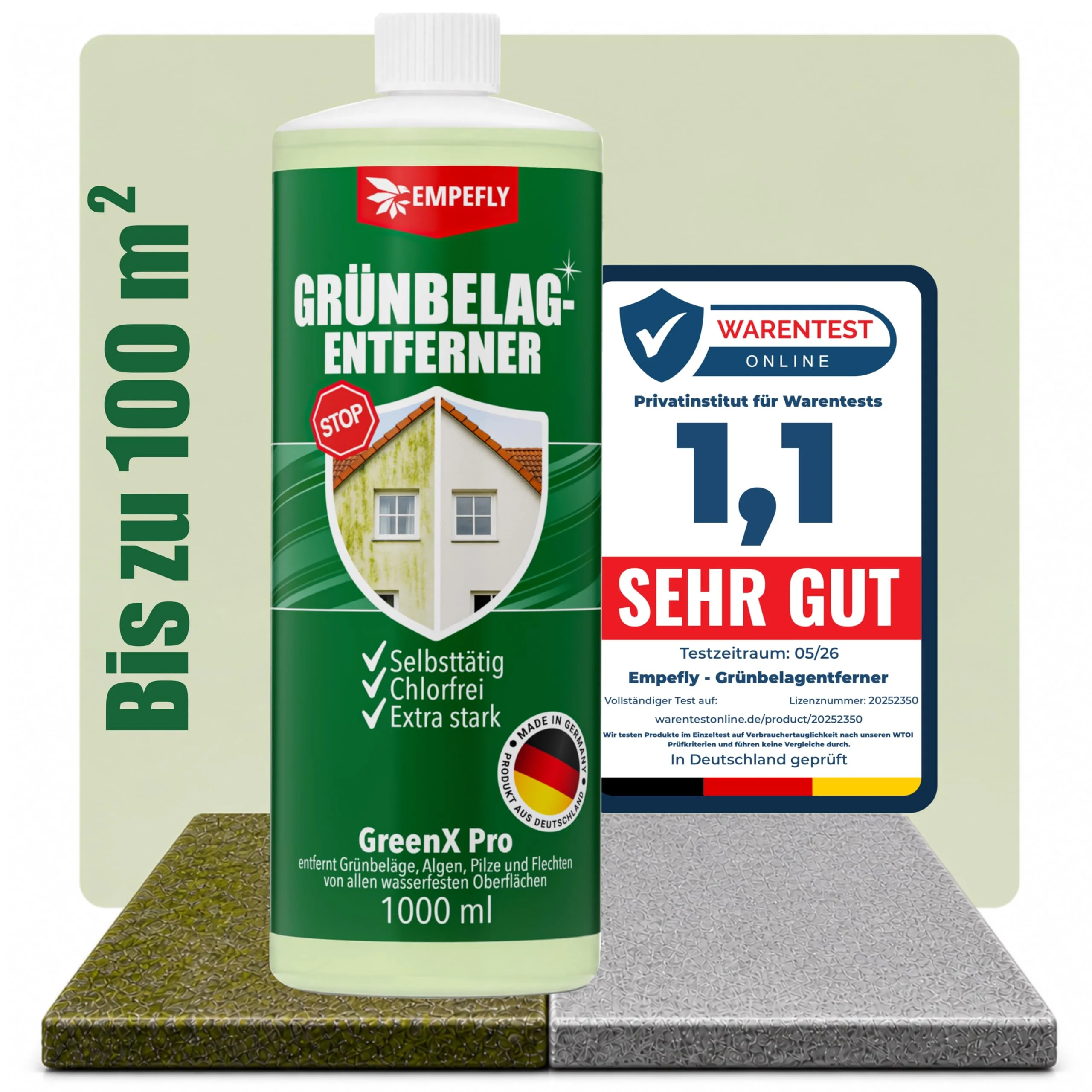 GreenX Pro Grünbelagentferner Konzentrat, selbsttätig gegen Grünbelag, Algen & Pilze ohne Schrubben – für Terrasse, Fassade, Dachziegel und Stein – chlor & säurefrei, 1000 ml (bis zu 100 m²)