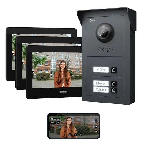 GOLIATH Basic Line 2-Draht Bus Videotürsprechanlage Mehrfamilienhaus, 7 Zoll Innenstation, Außenstation mit Kamera, Plug & Play, Smartphone App