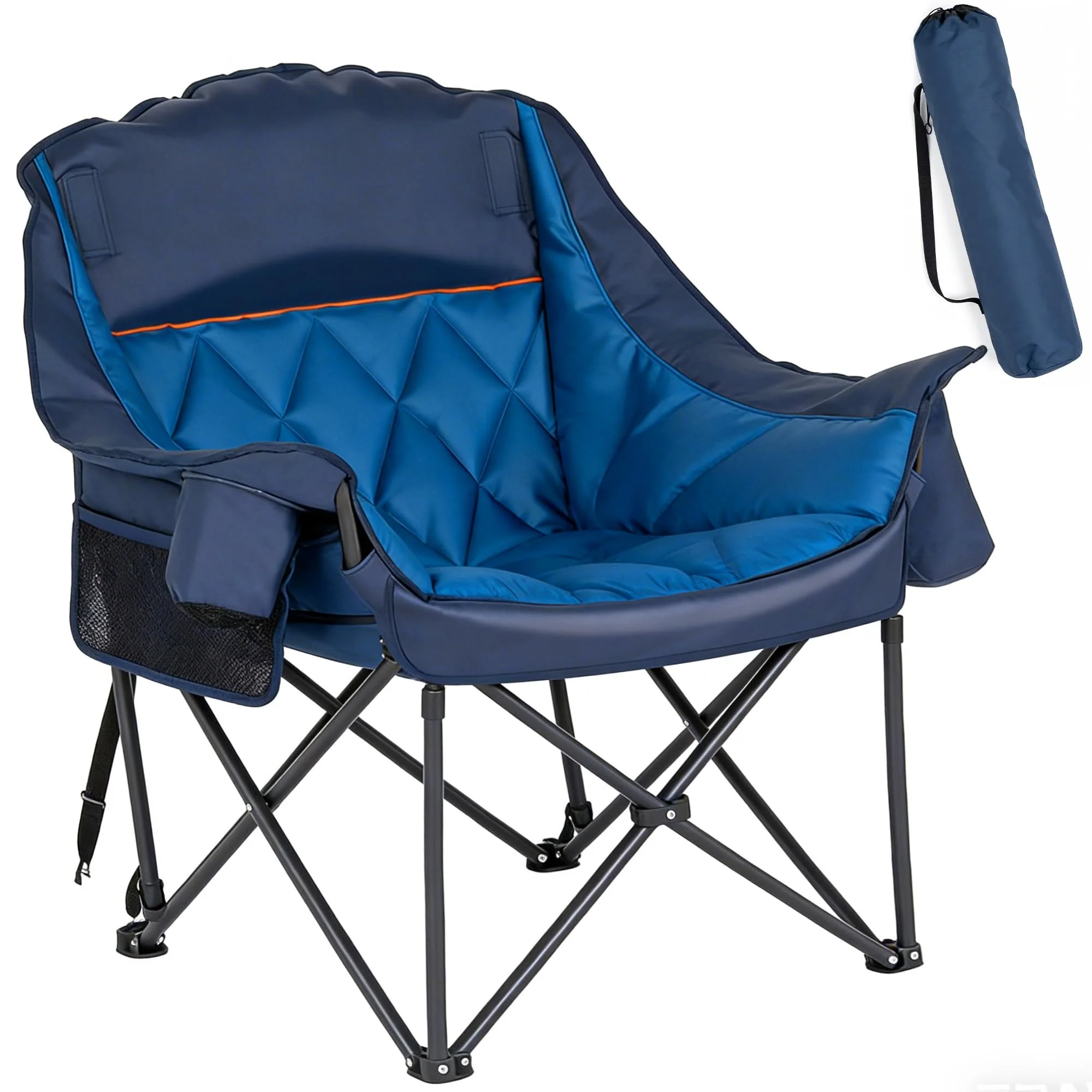SogesGame Übergroßer Campingstuhl Faltbar Gepolstert mit Kopfstütze,Outdoor Klappbar Campingsessel Klappstuhl mit Getränkehalter,Kühltasche,Aufbewahrungsnetzen,für Camping Garten Angeln,Blau