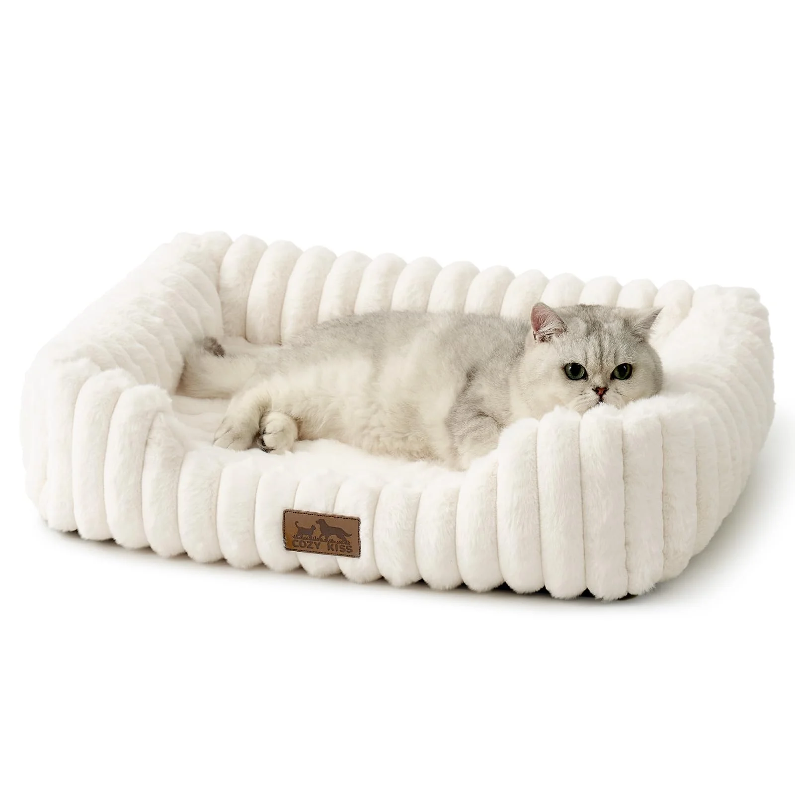 COZY KISS Orthopädisches Waschbares Hundebett, für Katze und Kleiner Hunde, Weicher Kunstfell Hundekorb, Haustiersofa mit Hoher Umrandung, Rutschfestes, 64 x 53 x 15 cm, Beige