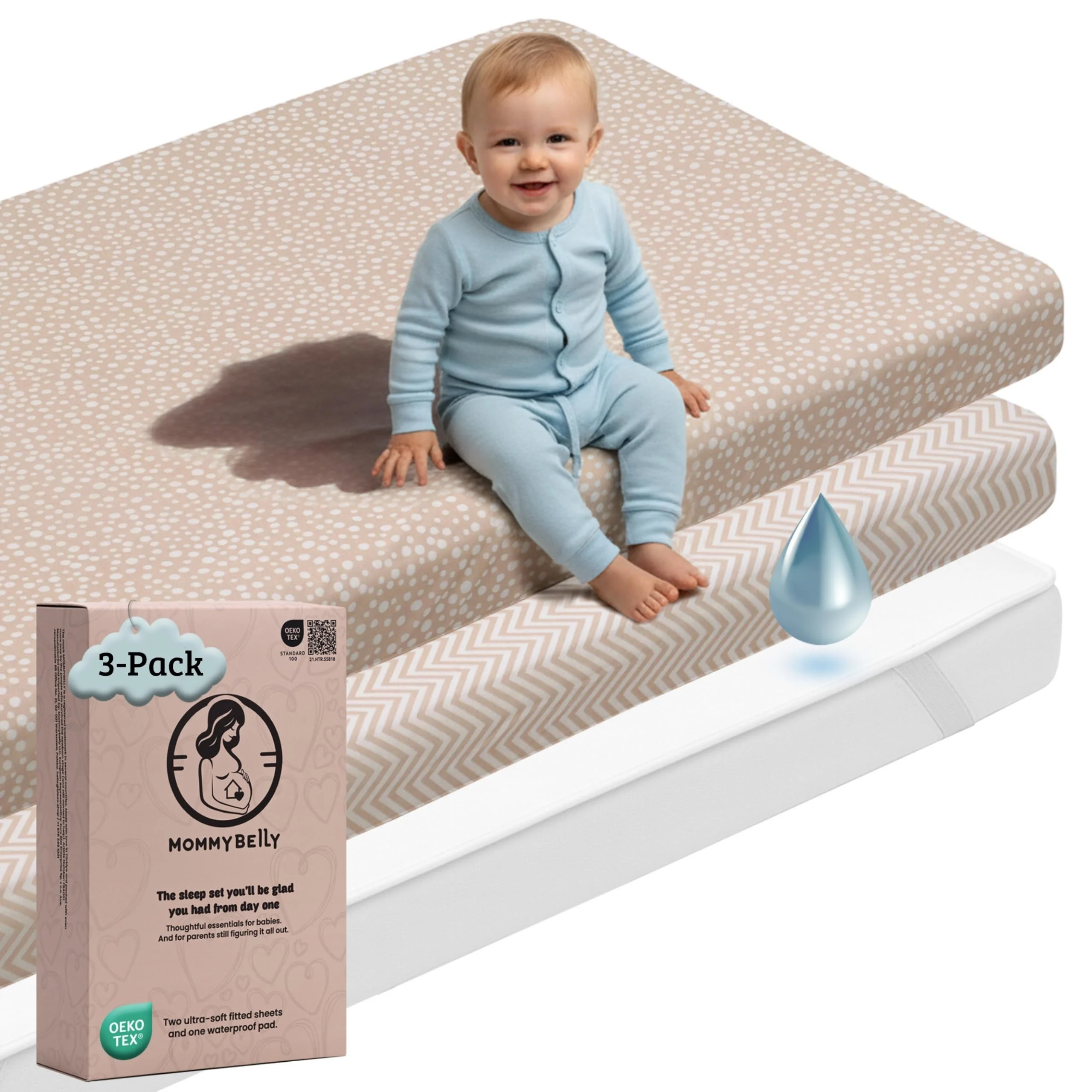 Mommybelly Spannbettlaken für Kinderwagen Set 35x75. 2 Spannbettlaken aus Baumwoll-Jersey + 1 Matratzenschoner Wasserdicht aus Frottee für Kinderwagen, Buggy, Babywiege. OekoTex Zertifikat Beige 75x35