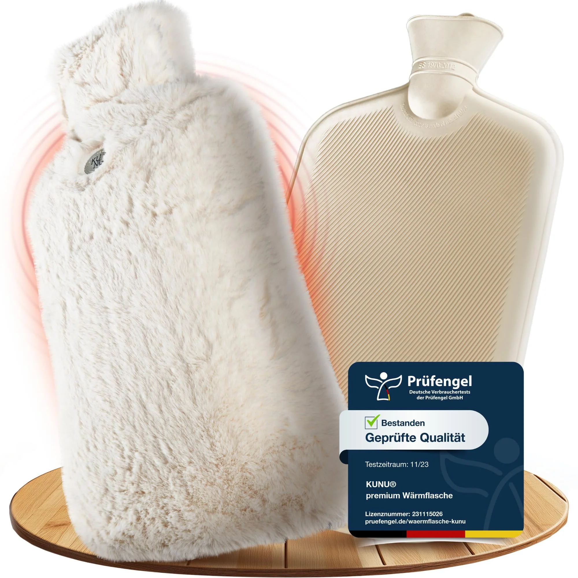 KUNU® die besondere XXL Wärmflasche - 3.4l - inkl. Geschenkverpackung - mit extra Bezug - unwiderstehlich flauschig - perfekt für Erwachsene und Kinder - auslaufsicher und getestet - beige