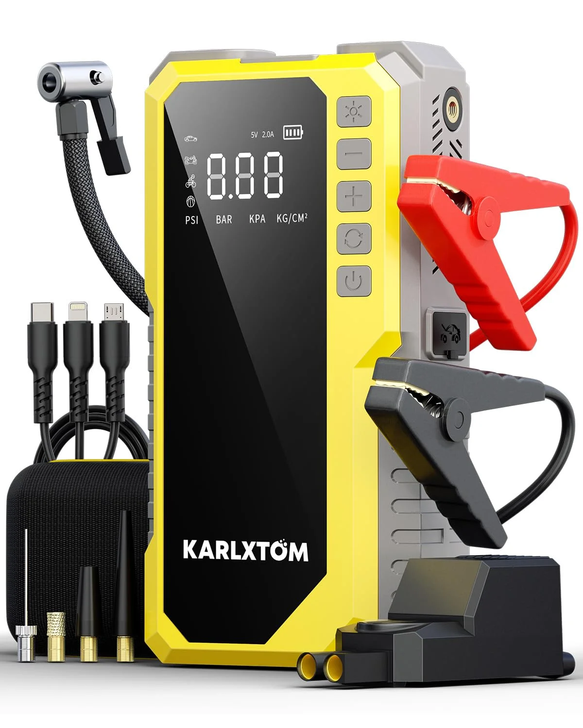 Karlxtom Starthilfe Powerbank für Pkw mit 190PSI Kompressor, 88Wh Auto Starthilfe Powerbank für All Benzin und 10L Dieselmotor, 4500A Starter Powerbank und 500LUM LED-Licht, LCD-Anzeige