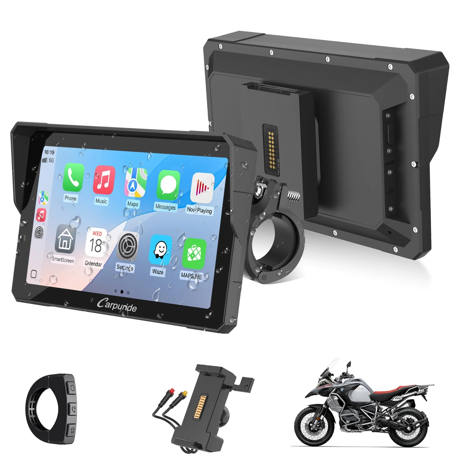 W702S Pro Motorrad Carplay Bildschirm mit BM05 Halterung für Plug-and-Play, Kabellos CarPlay & Android Auto, 7" Wasserfest Touchscreen, Intercom-Funktion, Dual Bluetooth, Verdrahtet Controller, Navi.