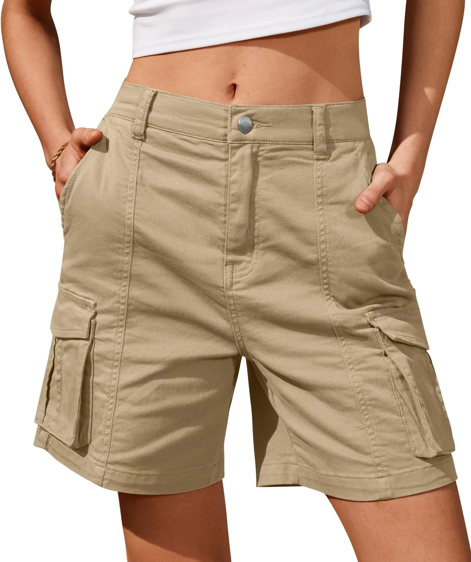 BUNSLOOM Bermuda Shorts Damen Cargo Shorts Knie 6 Taschen Elastischer Bund Lange Shorts Sommer