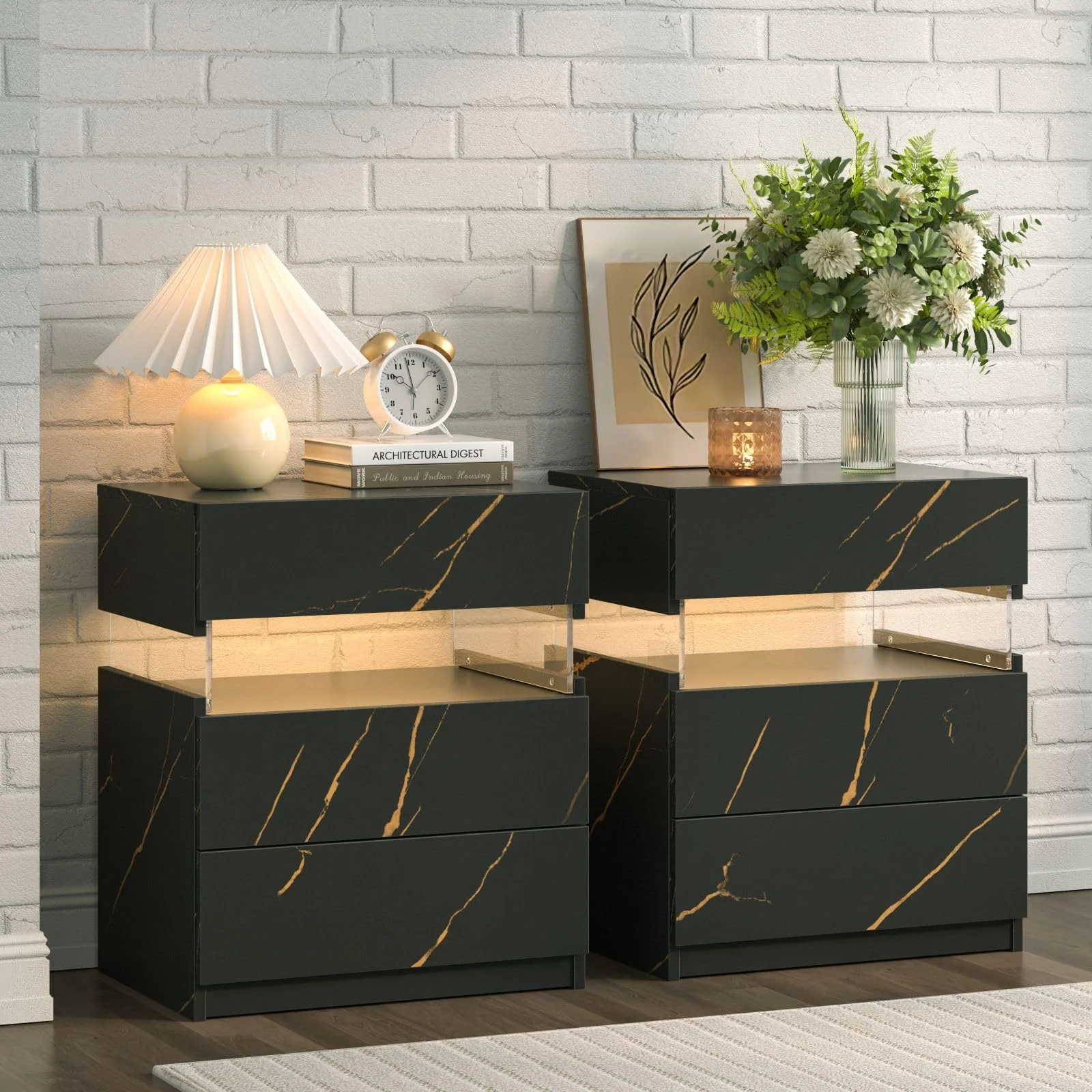Cubehom 2 Stück Nachttisch mit LED Nachtschrank Modernes mit 3 Schublade Nachttische Beistelltisch für Schlafzimmer, Wohnzimmer, Büro,Schwarz+Gold