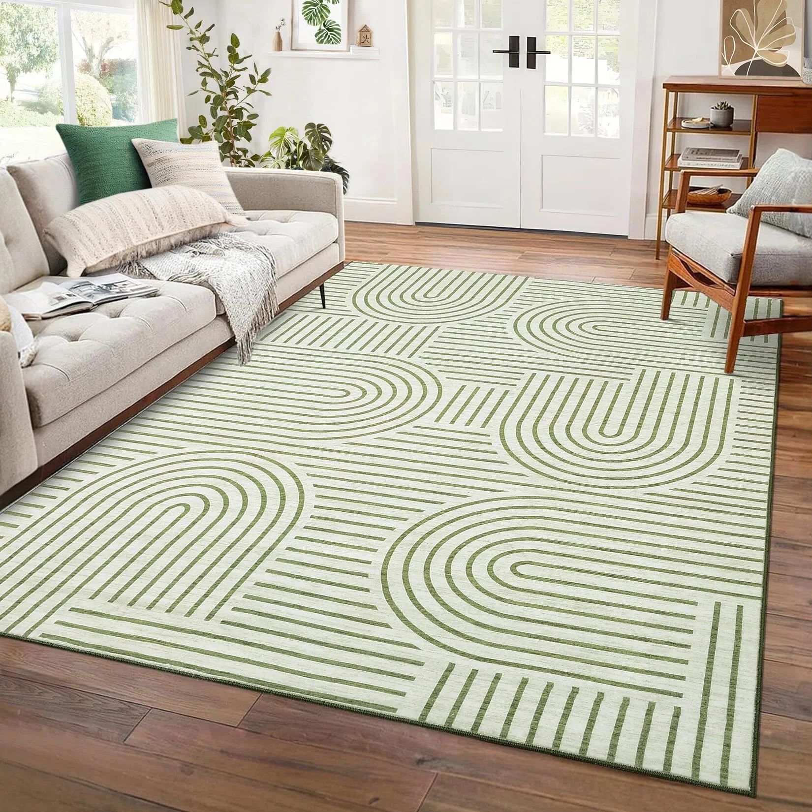 LuxFocus Waschbarer Wohnzimmer-Teppich 160x230 cm, Faltbarer & Rutschfester Kurzflor mit fließender Linien-Optik, modernes minimalistisches Design, pflegeleicht, Hellgrün