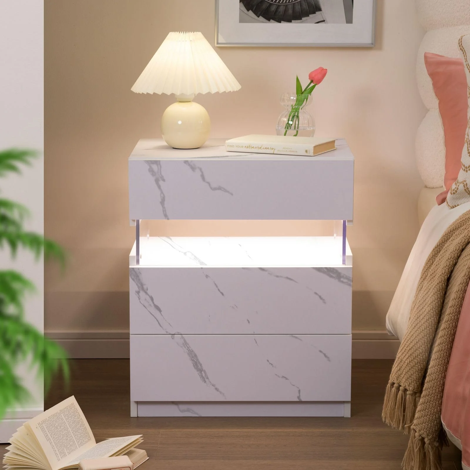 Cubehom Nachttisch Nachttische mit Schublade Nachtkommode mit LED-Beleuchtung Holz Beistelltisch Ablagetisch für Schlafzimmer,Marmoriertes Weiß