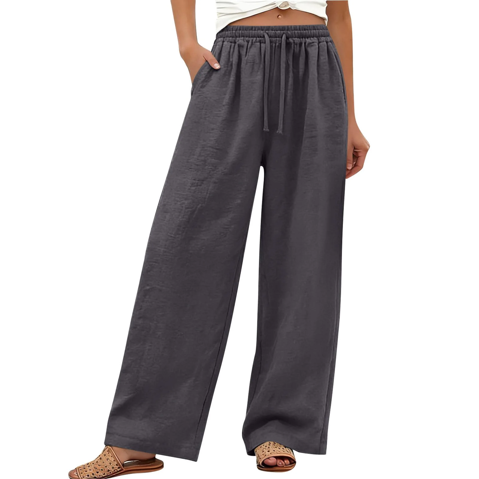 Leinenhose Damen - Leicht Leinen Sommerhose Loose Freizeithose High Waist Stoffhose Yogahose Casual Einfarbig Schlupfhose Jogginghose Straight Bein Frauen Hosen Stretch Pants Mit Taschen