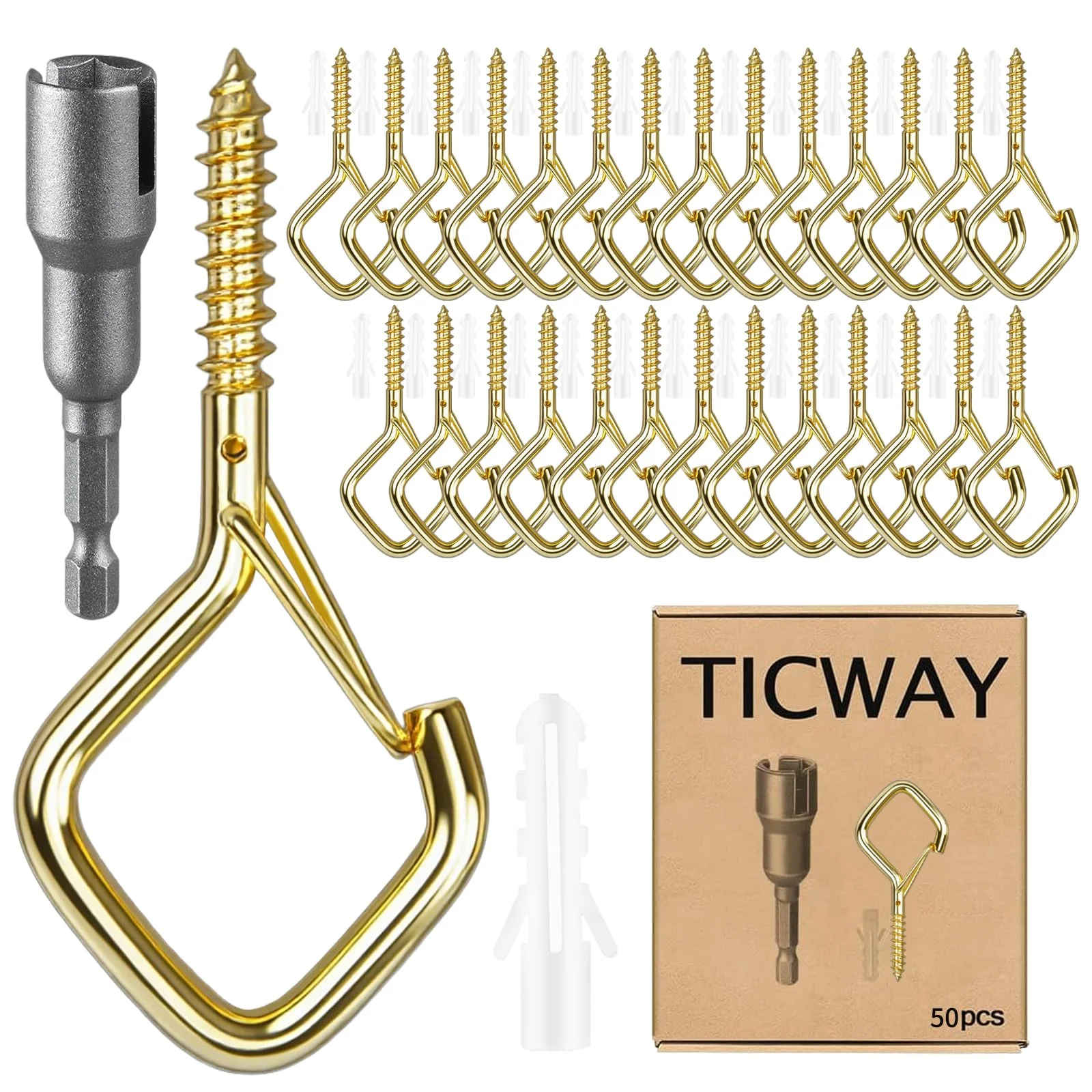 Ticway 50 Stück Outdoor-Haken für Lichterketten, Schraubhaken zum Aufhängen von Pflanzen, Deckenhaken mit Sicherheitsschnalle, quadratischer Aufhänger für Windspiele, Vogelfutterspender, Laternen