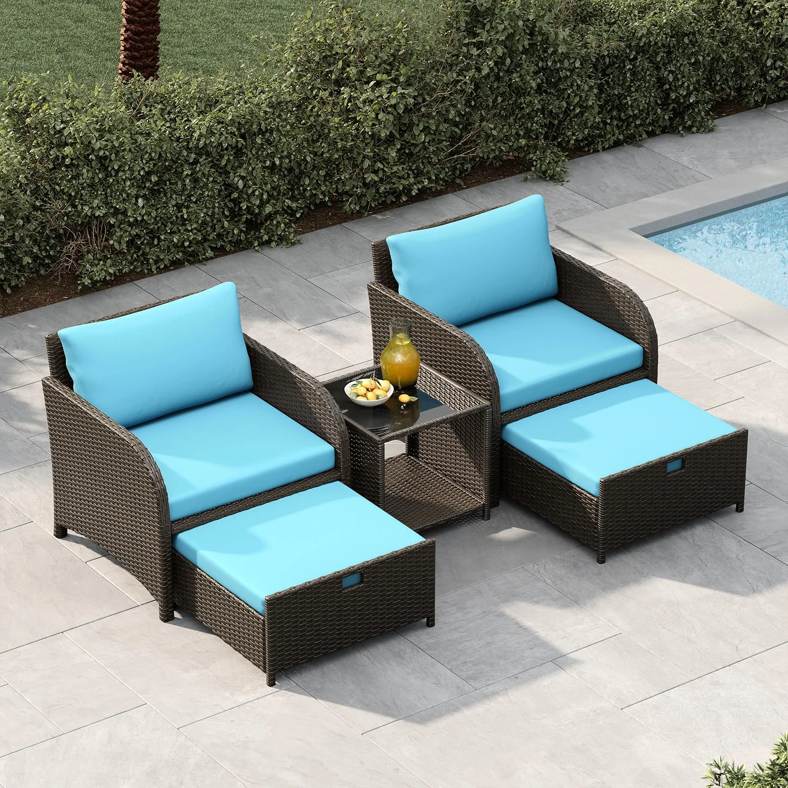 GarveeHome 5er Rattan Gartenmöbel Set, Balkonmöbel Balkon, Balkonset 2 Rattansessel mit Hocker, Gartenlounge Set Terrassenmöbel mit Tisch, Gartengarnitur Möbelsets Outdoor Sitzgruppe 5 teilig