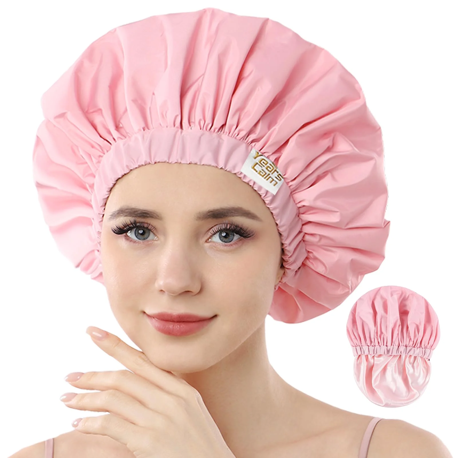 Years Calm Wiederverwendbare wasserdichte Duschhauben für Frauen, Haarkappen für Duschen, doppellagiges elastisches Design, für alle Frisuren, reisefreundlich (Rosa)