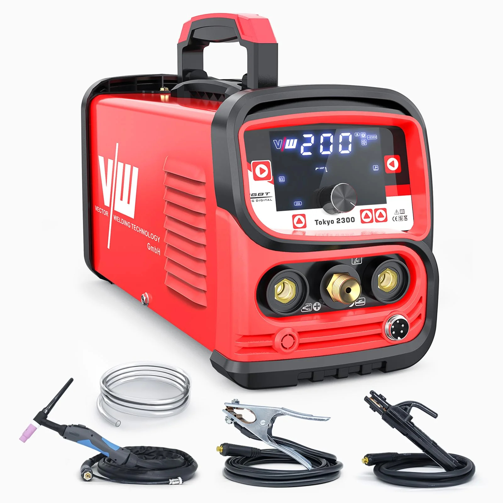 VECTOR WELDING DC WIG Schweißgerät Set 200A Puls, 3-in-1 DC WIG/Puls/MMA mit IGBT PWM MCU, HF-Zündung, Hot-Start, Anti-Haft, Digitalanzeige, 2T/4T Modus, Überlastschutz, für Stahl, Edelstahl, Kupfer