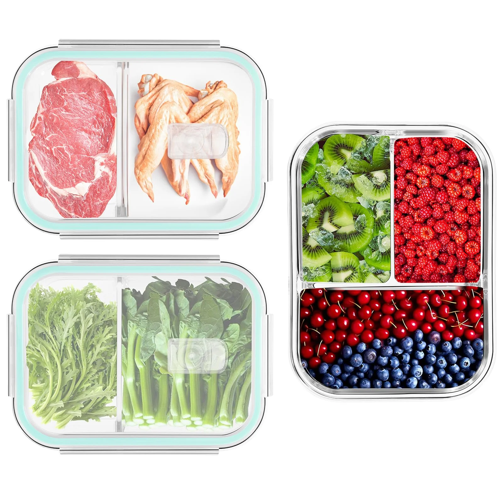LXUDN Meal Prep Boxen 2 Fächer & 3 Fächer - Mealprepboxen Glas (3 Behälter + 3 Deckel) - Vorratsdosen Glas mit Deckel BPA-Frei - Lock & Lock Glas - Glasbehälter Meal Prep Dosen