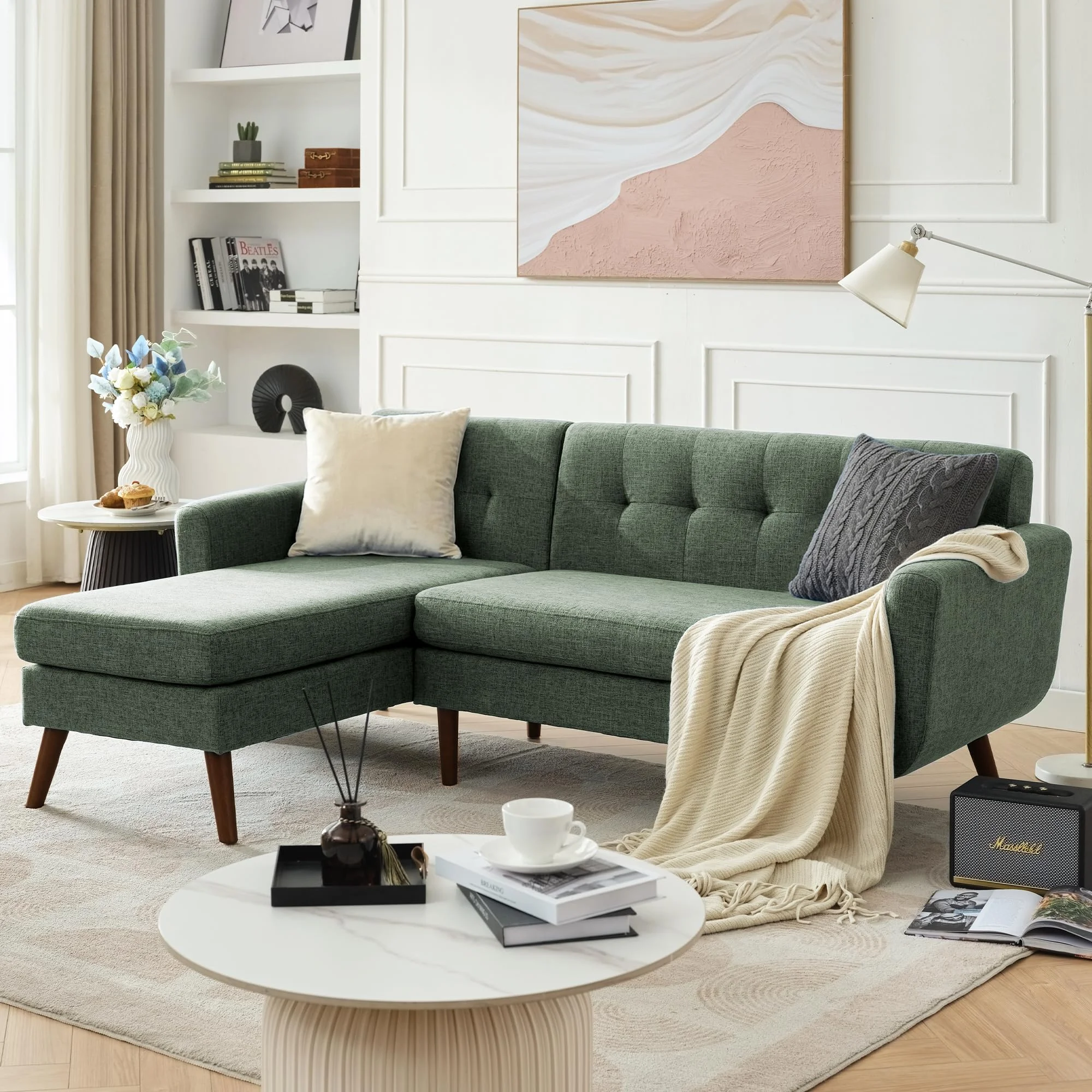 Kingfun 203cm Ecksofa Grün mit Knopfheftung & Holzfüßen, 3 Sitzer L Form Eckcouch Leinenoptik mit Waschbare Bezüge für Wohnzimmer & Schlafzimmer, L Form Big Sofa mit Chaiselongue für Büro & Apartment