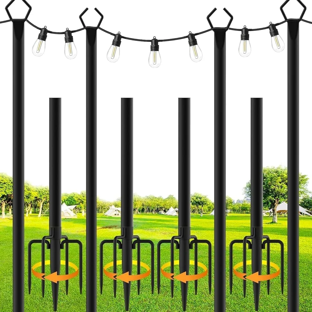 HoldOneLight 4 Pack String Light Poles,9.8 Ft Metallstangen mit Gabel für Outdoor String Lights,Outdoor Light Poles mit Gabel,Poles/Post/Stand für Draußen,Patio,Deck,Hinterhof,Garten Hochzeit(4 PACK)