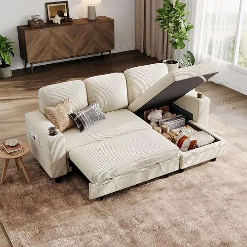 LINSY HOME Sofa Bed, Extendable Couch, Corner Sofa with Sleep Function, Storage Space, Cord Cover, L-Shape Modular Sofas with Chaise Longue for Living Room and Apartments ⟮Beige, L Shape⟯