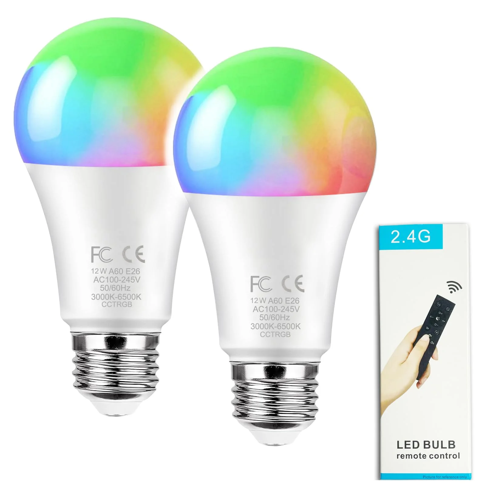 GRV 12W A60 Smart Glühbirne mit einer 2.4GHz Fernbedienung,RGBCW Farbwechsel Led Glühbirne, dimmbare 3000-6500K,100W Glühlampe äquivalent,1000LM,E27 Basis, Home Decor,1 Fernbedienung und 2Glühbirne