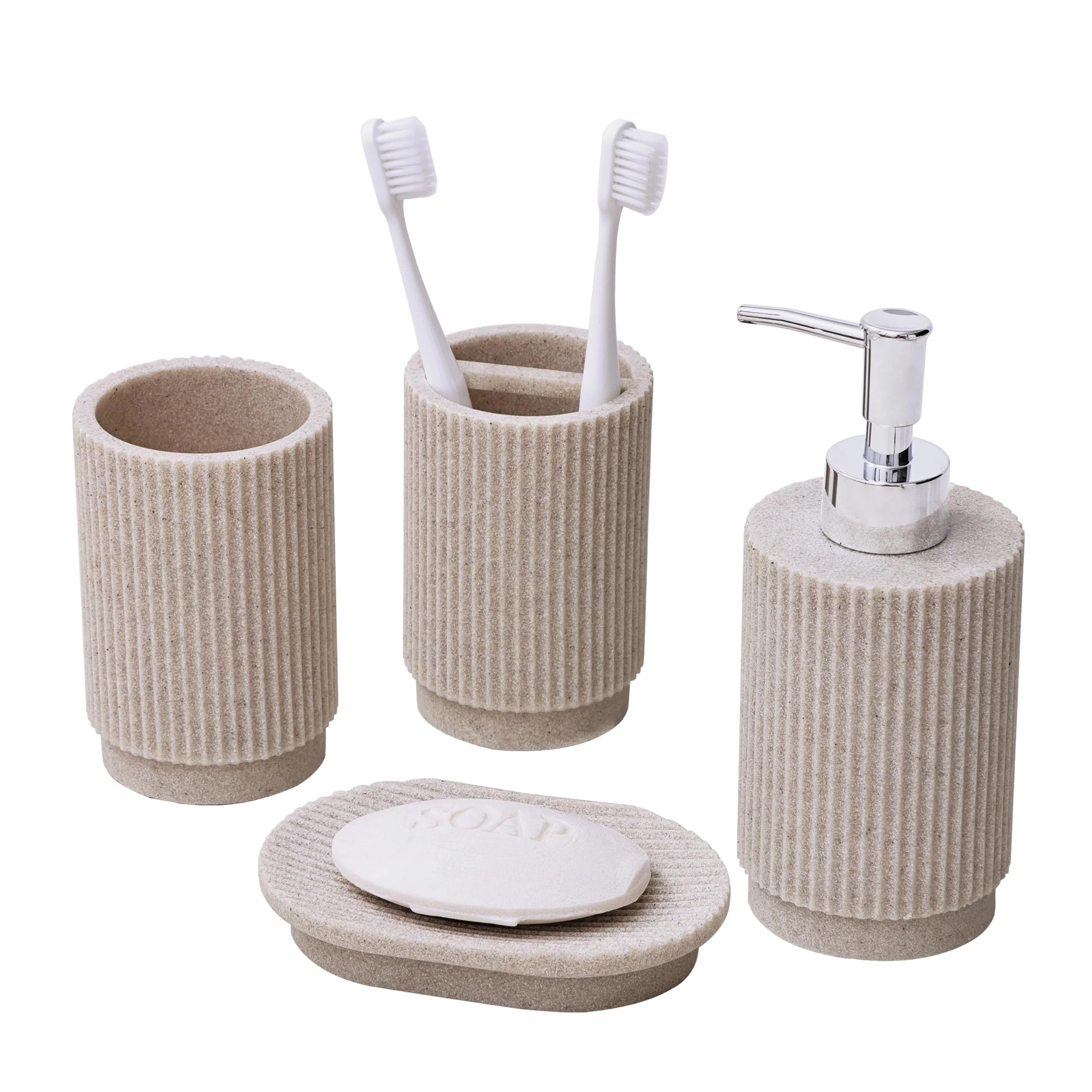 Sapisecret Badezimmer Set 4-TLG Beige | Seifenspender + Zahnputzbecher Set mit Halter & Seifenschale | Streifen-Design aus Polyharz | Bruchsicher, Wasserdicht & Anti-Rutsch