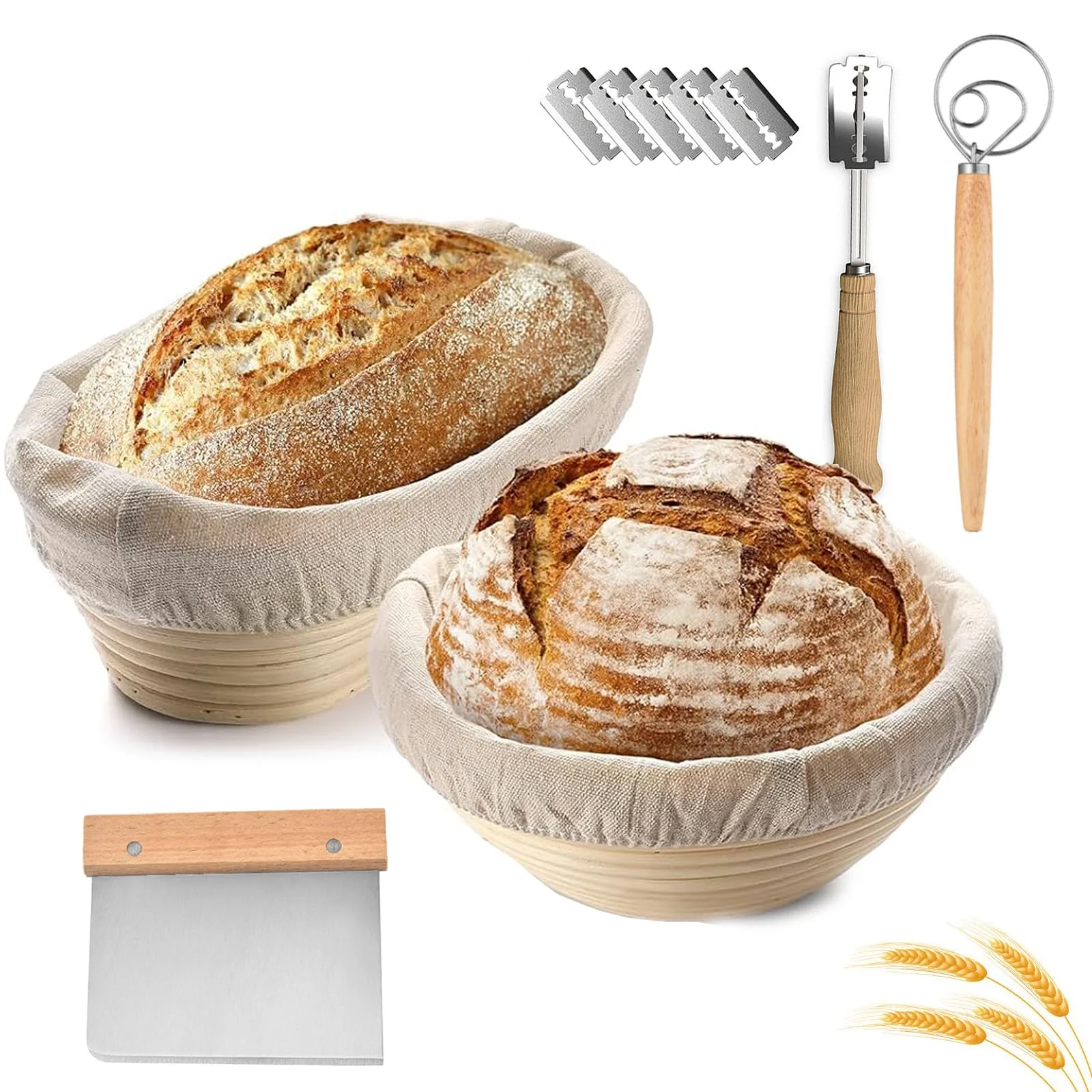 Gärkörbchen Set,Gärkorb zum Brotbacken 23cm Rund & 21cm Oval,100% Natürliches Rattan,Brotkorb Mit Leineneinsatz, Brot Backen Zubehör für Professionelle und Häusliche Bäcker,für Sauerteig Starter Set