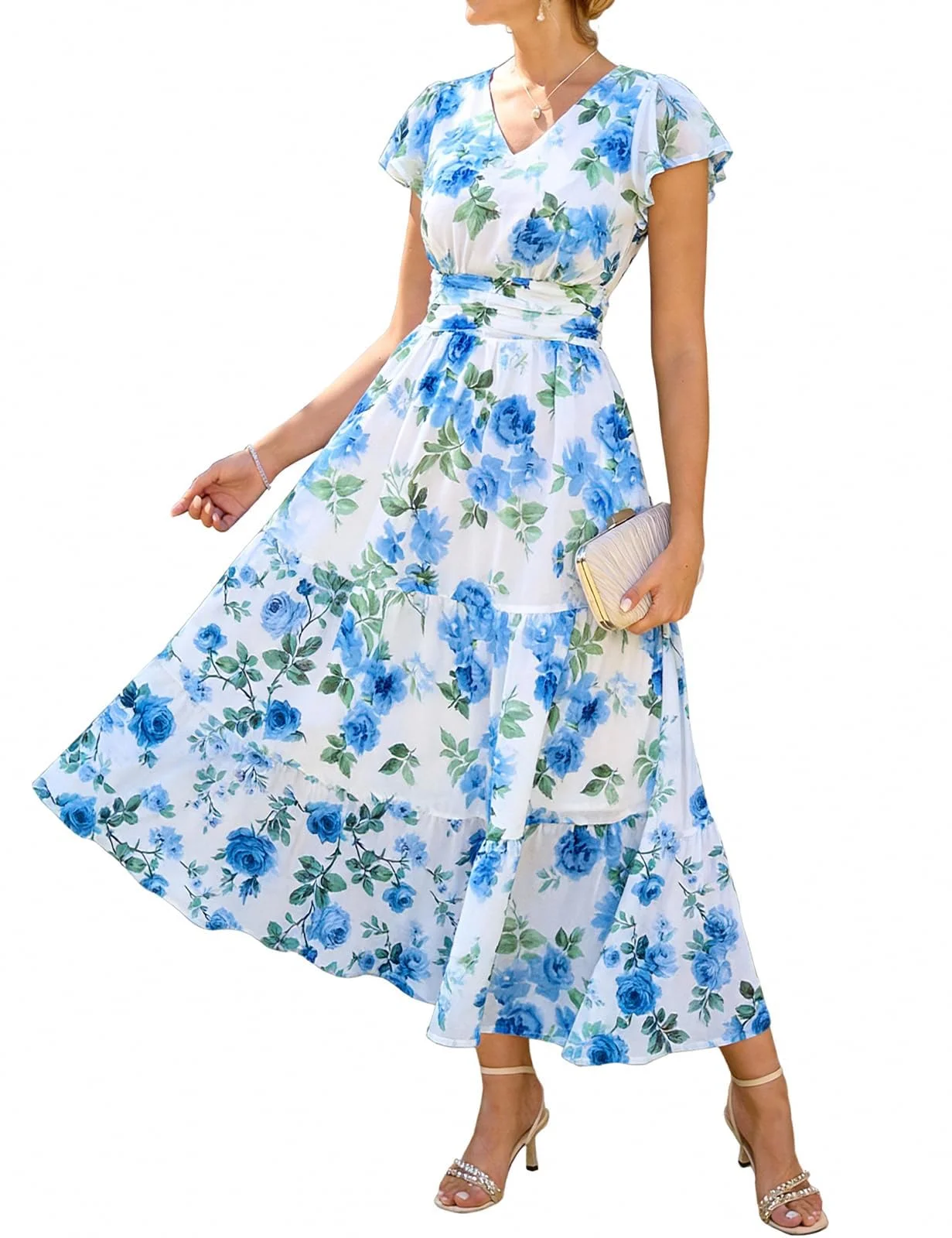 GRACE KARIN Damen Rüschenärmel V-Ausschnitt Midikleid A-Linie Blume Sommerkleid Mit Taschen