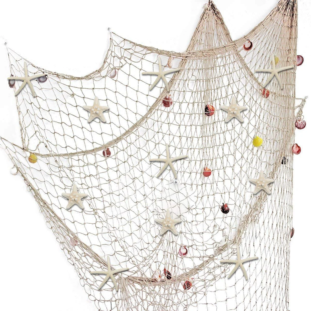 Nature Fish Net Wanddekoration mit Muscheln und 10 Stück natürlichen Seesternen Fischernetz im mediterranen Stil mit Meeresmotiven für Strandpartys Hochzeiten Fotografie Wanddekoration,150cm × 200cm