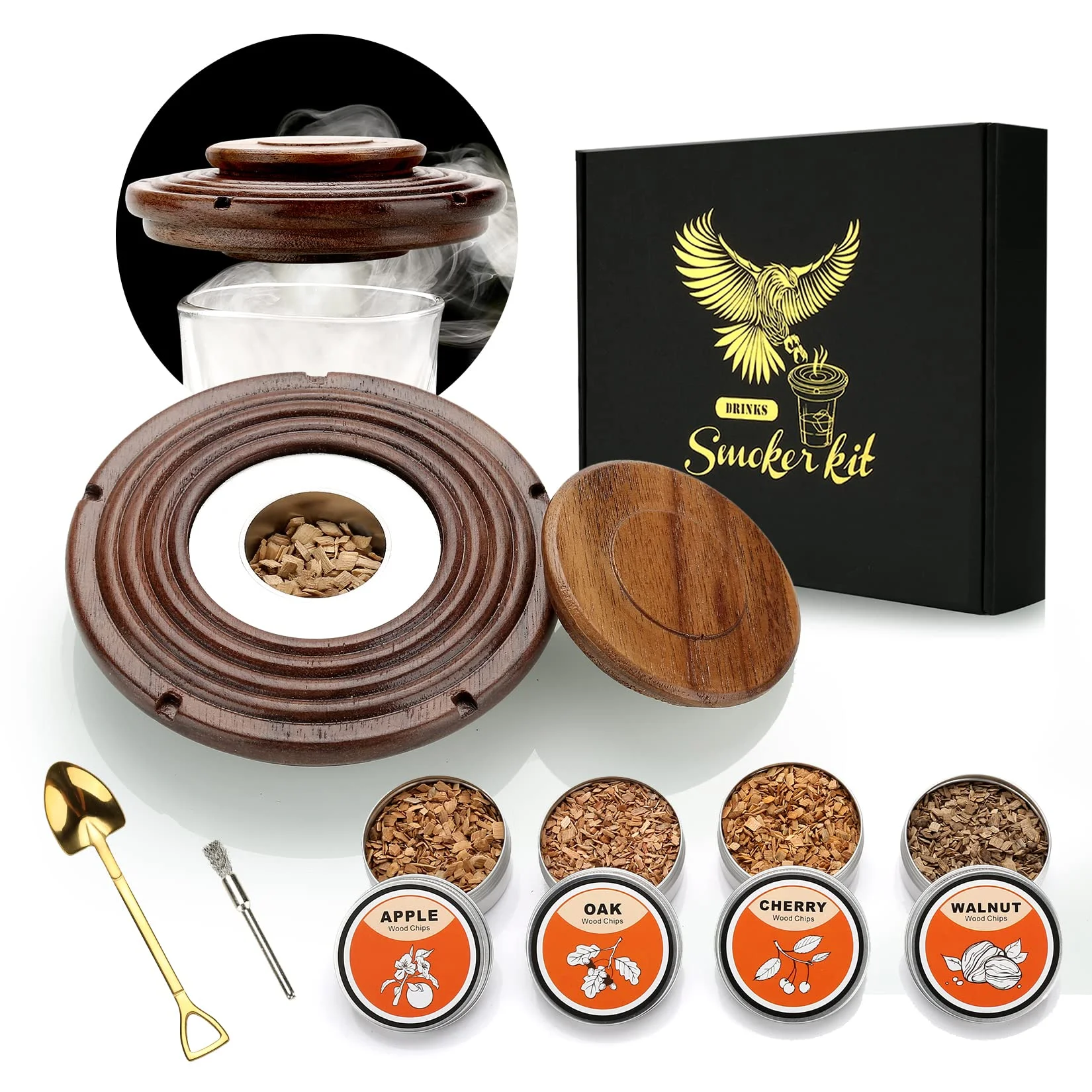 Cocktail Smoker Kit mit 4 Holzchips, Vatertagsgeschenk, Old Fashioned Whiskey Smoker Drinks Kit, Cocktail Zubehör Für Whiskey, Getränke, Kaffee, Bourbon, Fleisch-Walnuss