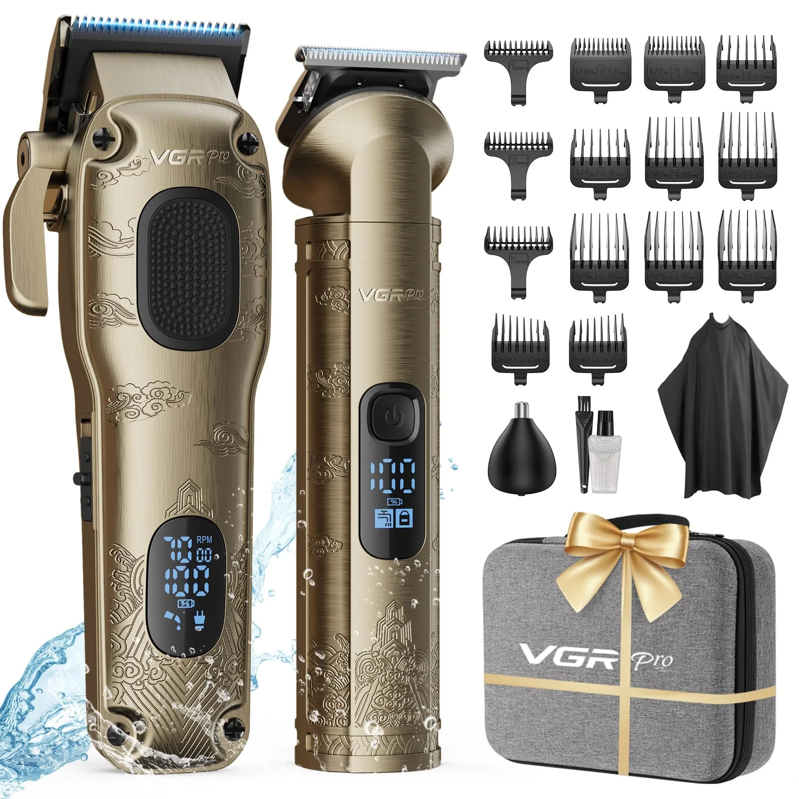 VGRPRO Haarschneidemaschine für Männer Professionell, Kabellose Haarschneidemaschine profi zum Haareschneider, Haarschneider Herren und Trimmer Set, Elektrischer Trimmer Herren mit Paket Box(Gloden)