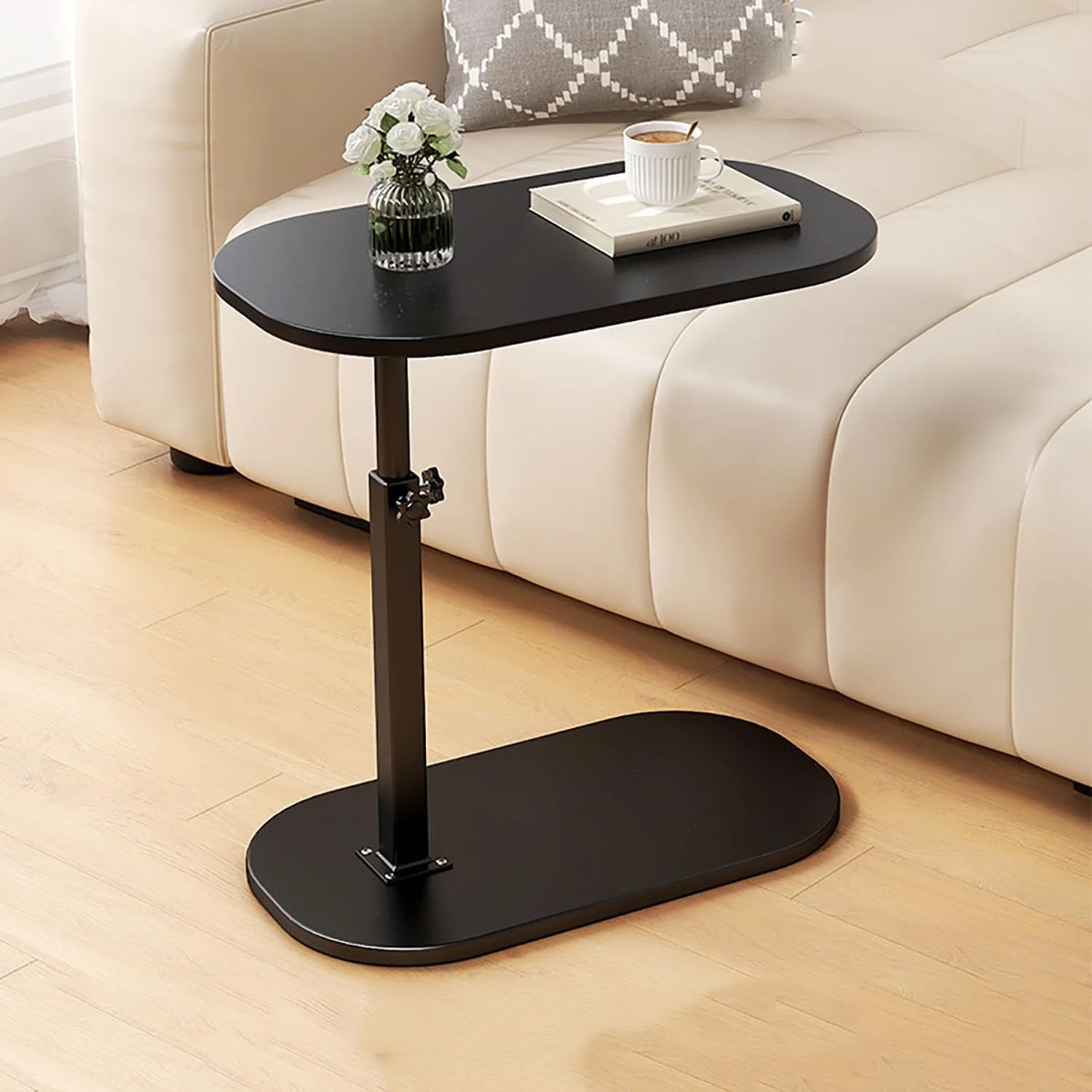 AHSBND Beistelltisch Holz Klein Couchtisch Sofatisch: C Form Höhenverstellbar Couch Mobiler Kaffeetisch Klein Side Table Laptop Stand für Wohnzimmer Schlafzimmer (Schwarz)