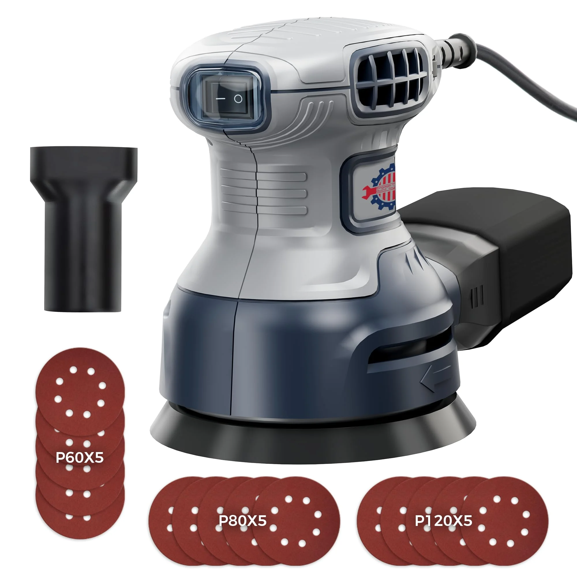 TurboVolt Exzenterschleifer 125mm mit Bremse, 350W Schleifmaschine für Holz mit 15 Schleifpapier & Staubabsaugung, 6 Geschwindigkeiten 6000-13000 U/min, Staubsaugerkompatibel für Holz Schleifarbeiten