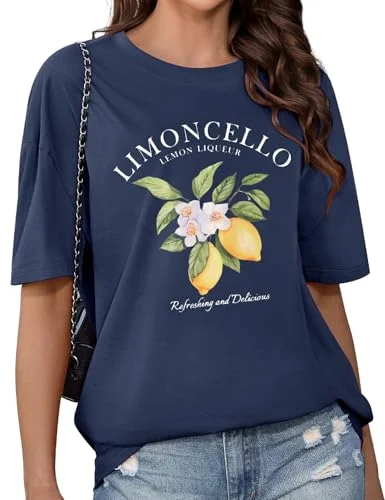 CMTOP Oversize T Shirt Damen Kurzarm Rundhal Übergroße Tshirt Zitrone Bedrucken Oberteile Sommer Baumwolle Casual Locker Tee Shirts Basic Tops Bluse
