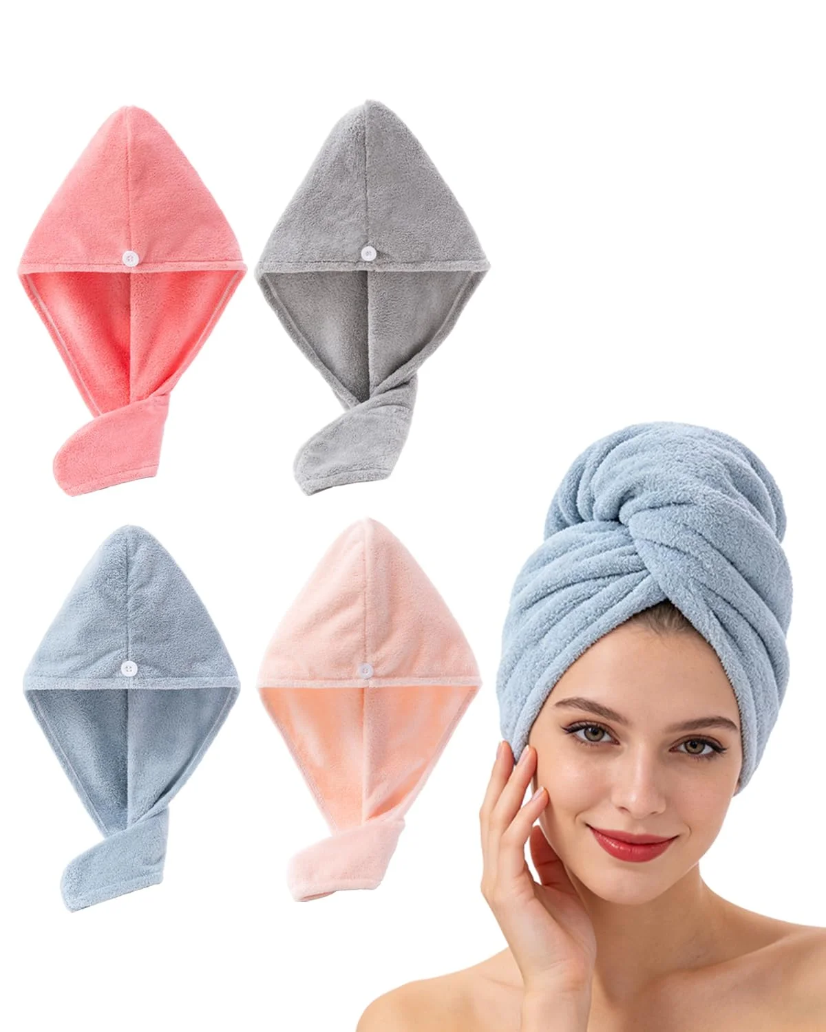 Lumimi 4 Stück Set Haarturban Kopfhandtuch aus Mikrofaser Weich Angemehm Extra Saugfähig Schnelltrocknend Praktisch mit Knopf Geschenk Rosa Grau Hellrosa Hellblau